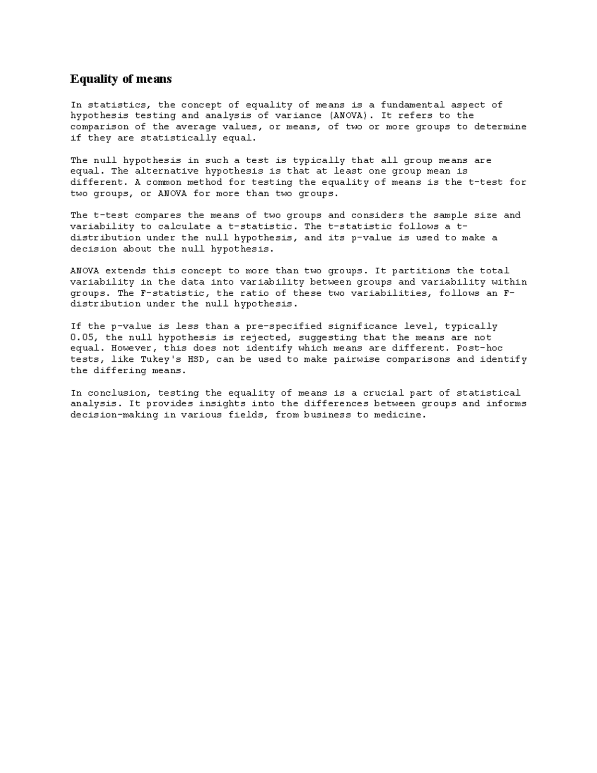 Equality of means - Well formatted statistical essay. - Equality of ...