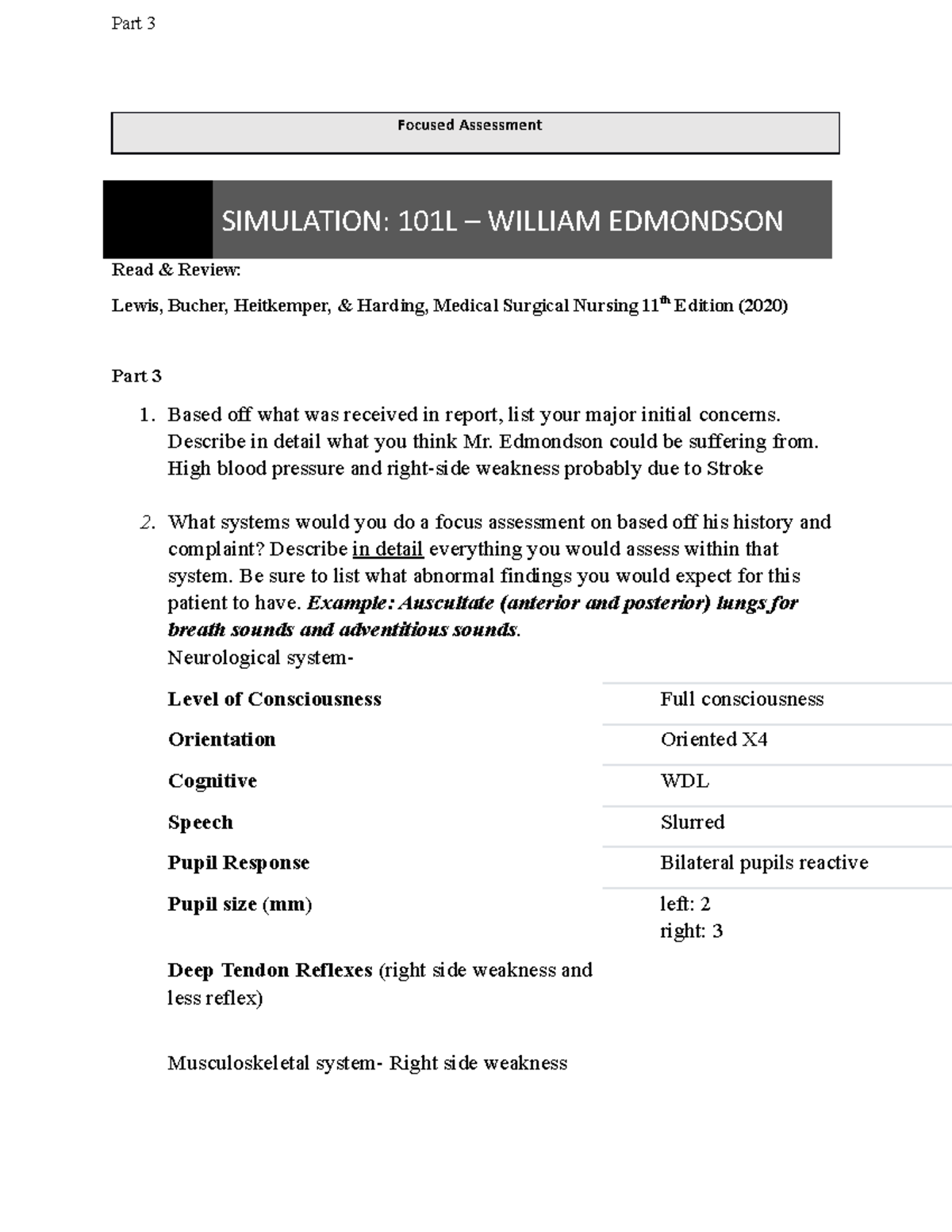 Edmondson Student pt 3 - Lecture notes 1-3 - Part 3 Focused Assessment ...
