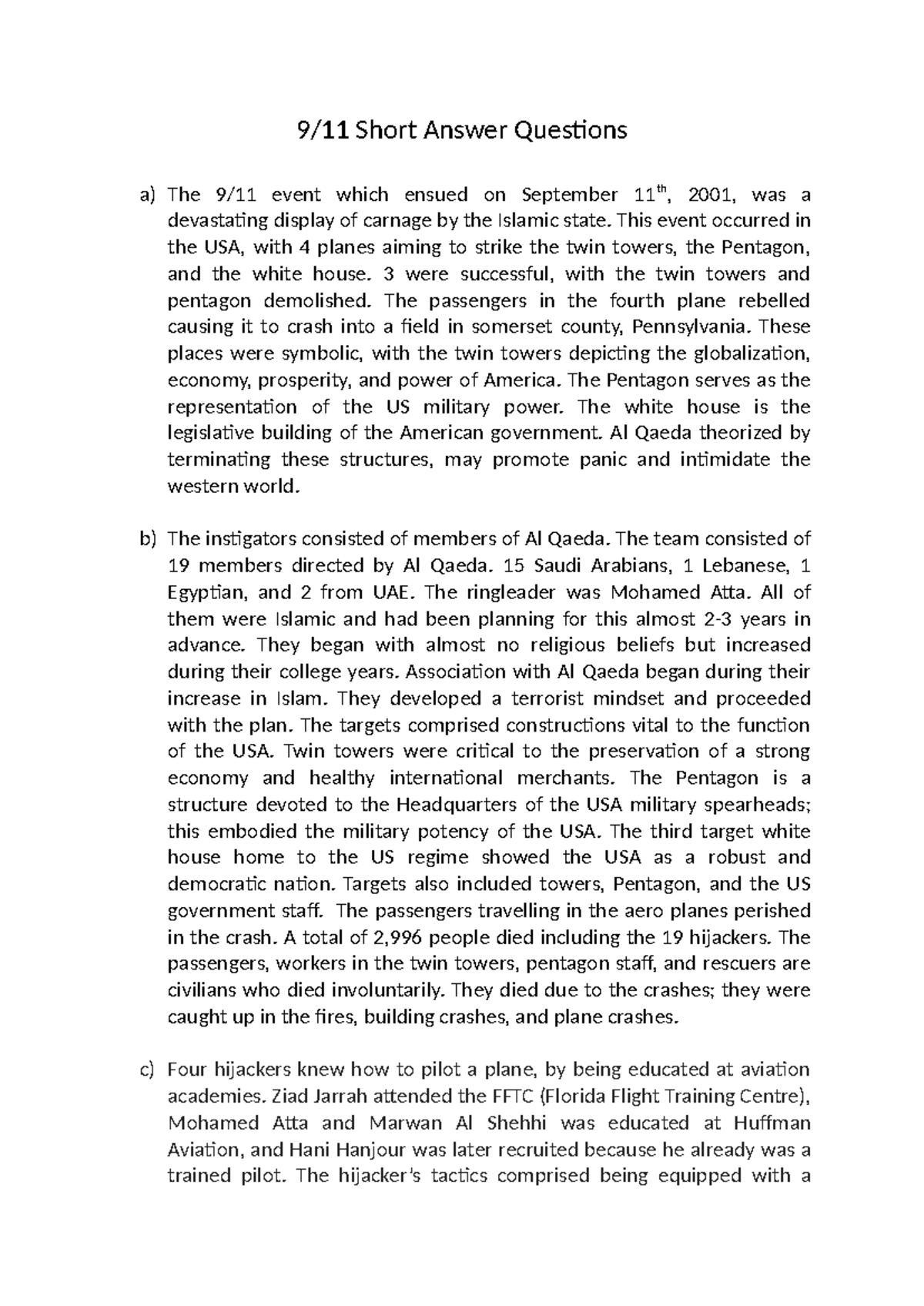 9:11 - 9/11 Study Case - 9/11 Short Answer Questions a) The 9/11 event ...