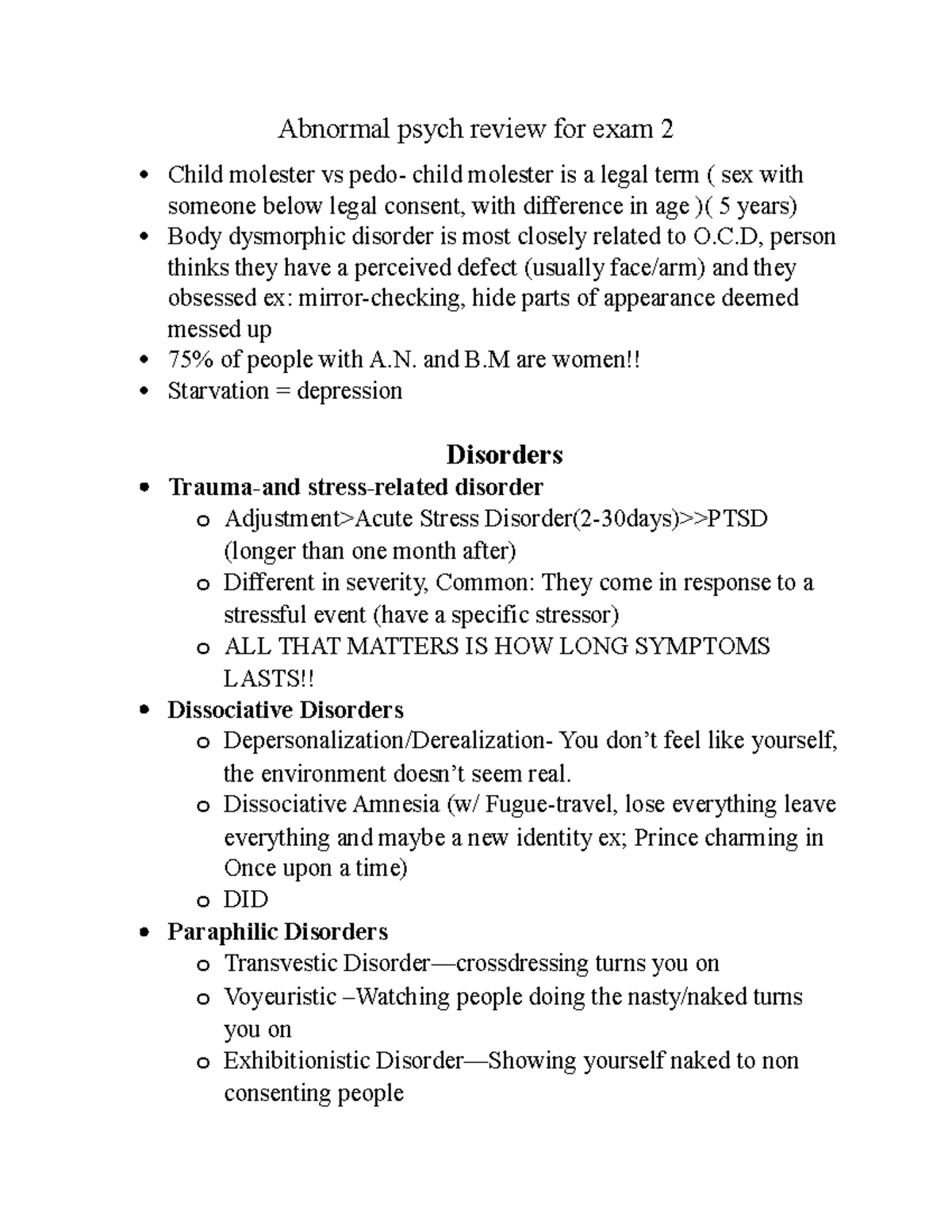 Abnormal exam 2 notes Abnormal psych review for exam 2 Child molester