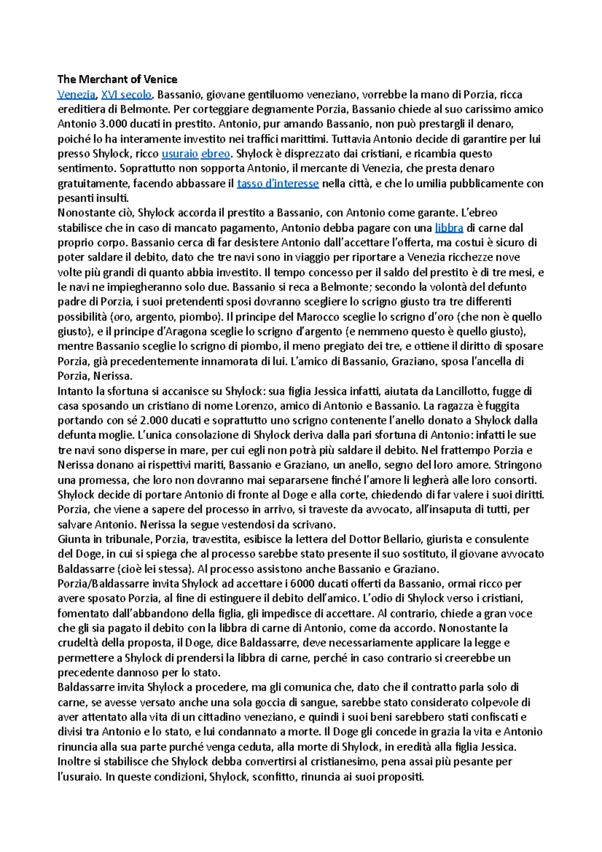 The Merchant Of Venice Riassunto In Inglese