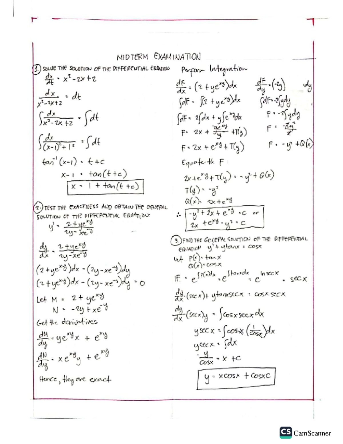 Differential Equations - Midterm Examination - Mechanical Engineering ...