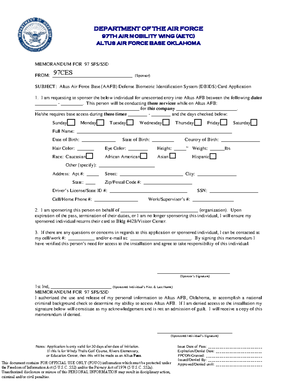 Dbids Card Application - Blank - DEPARTMENT OF THE AIR FORCE 97 TH AIR ...