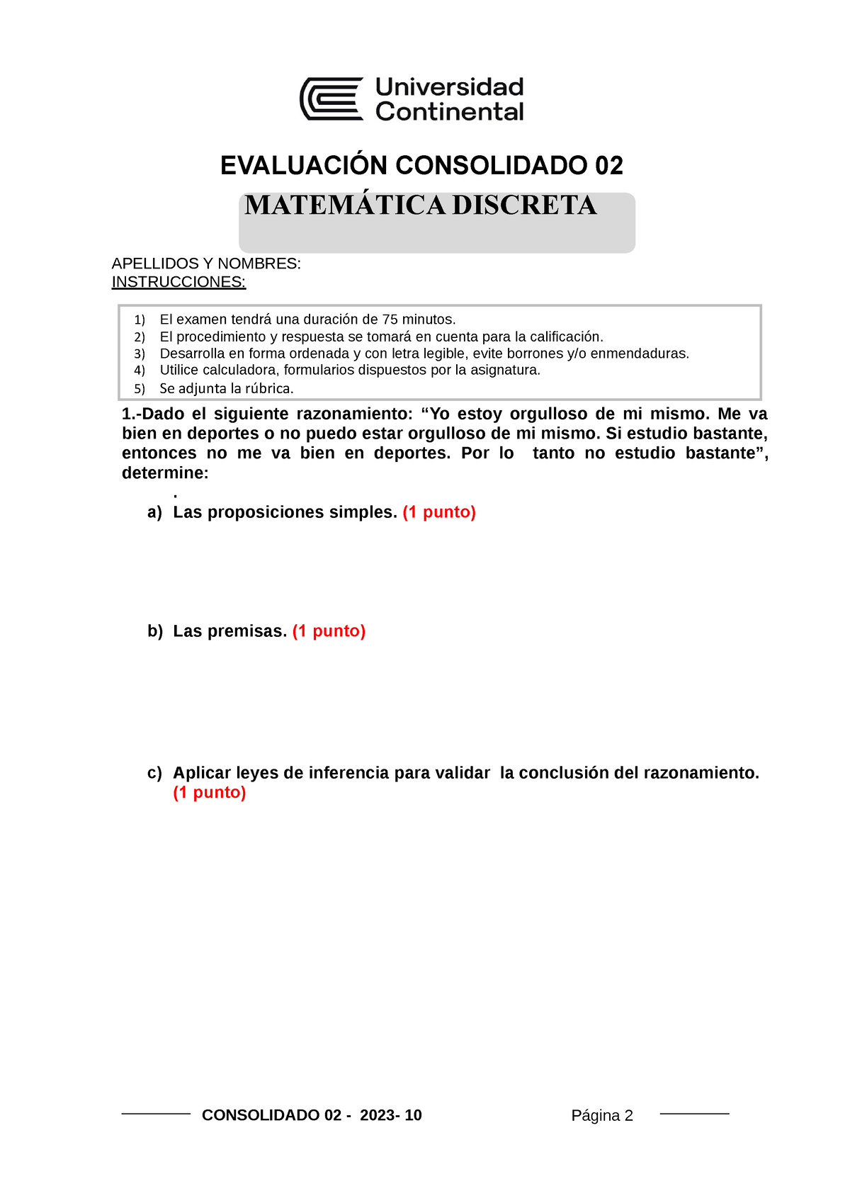 Consolidado 2 - Matemática Discreta- 2023-10 (1) - MATEMÁTICA DISCRETA ...