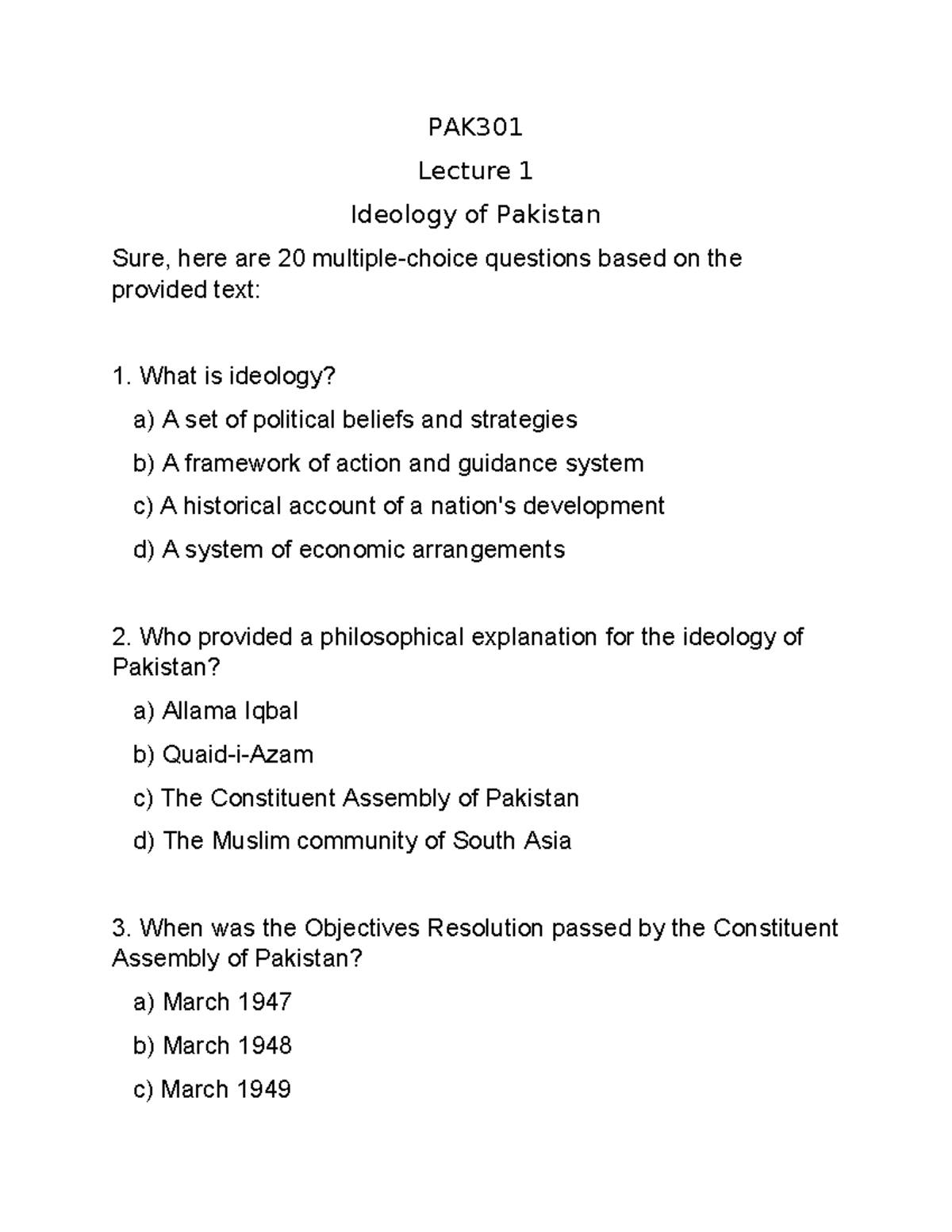 PAK301 MCQS - PAK Lecture 1 Ideology of Pakistan Sure, here are 20 ...