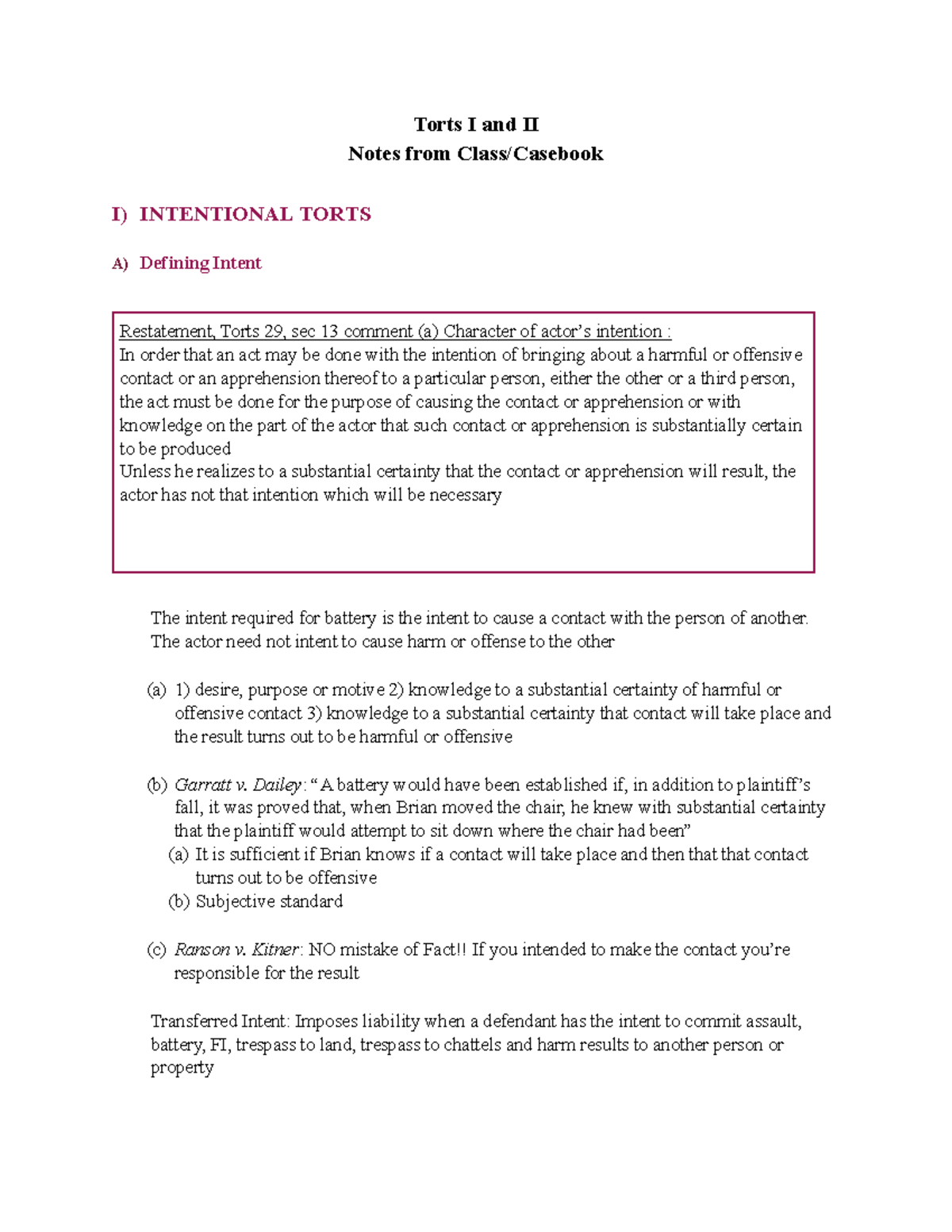 Defining Intent - Lecture notes 3 - Torts I and II Notes from Class ...