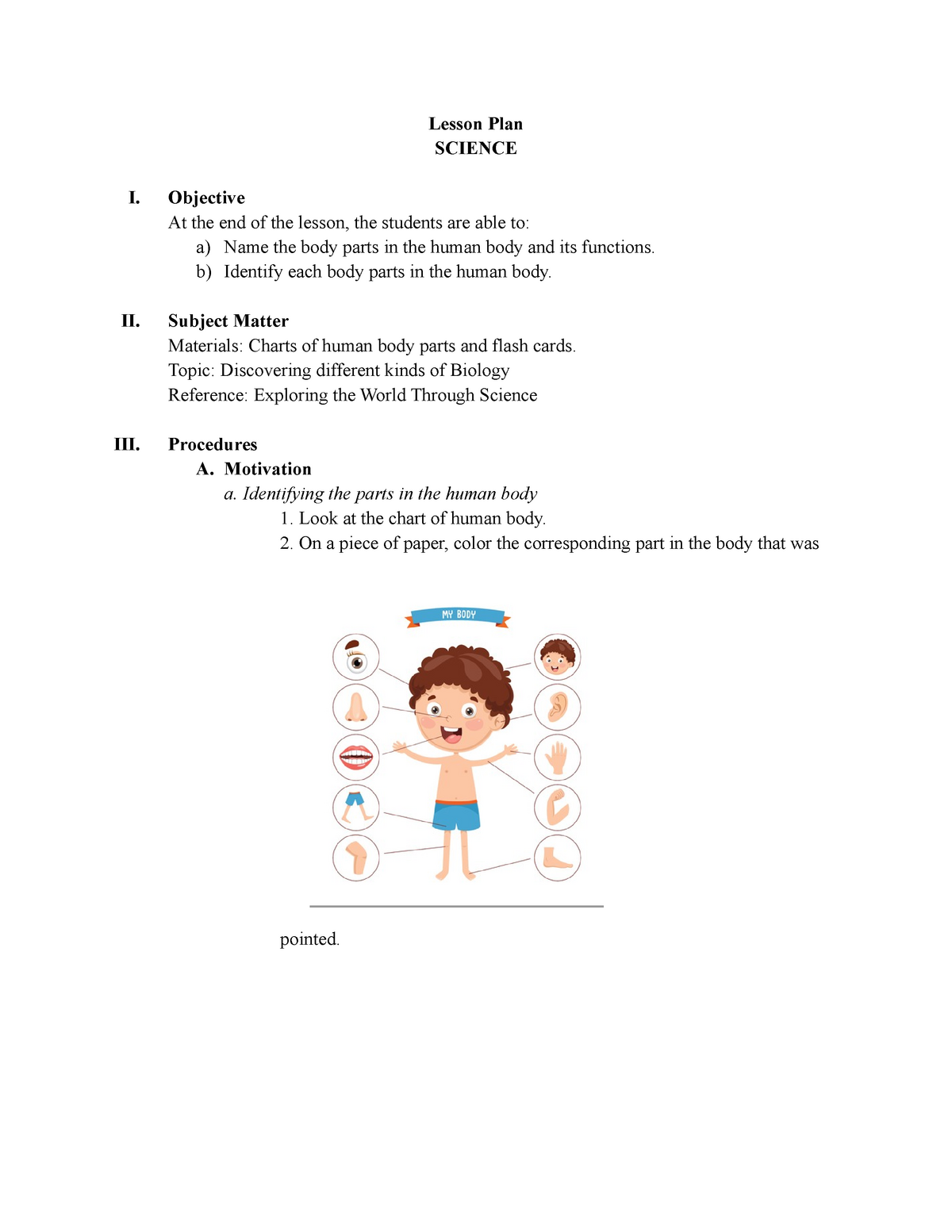 Body Parts Document Lesson Plan Lesson Plan SCIENCE I Objective At 