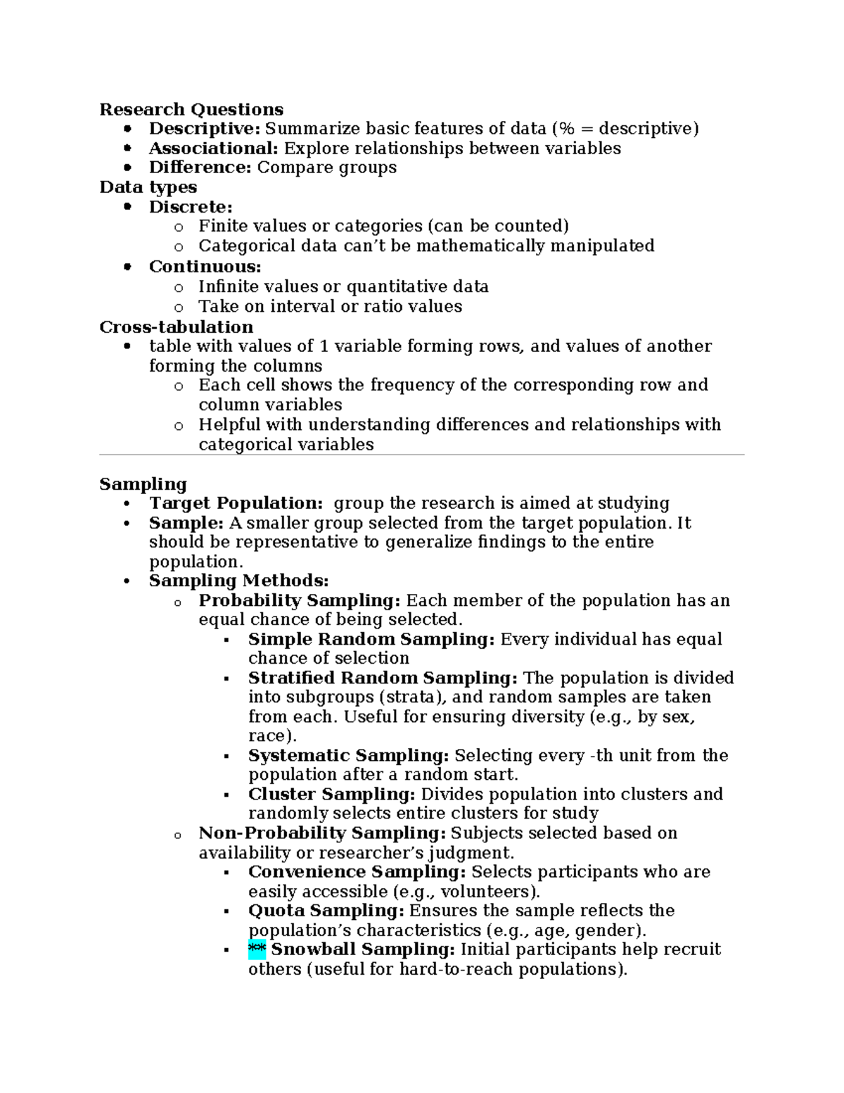 Stats notes summarized - Research Questions Descriptive: Summarize ...