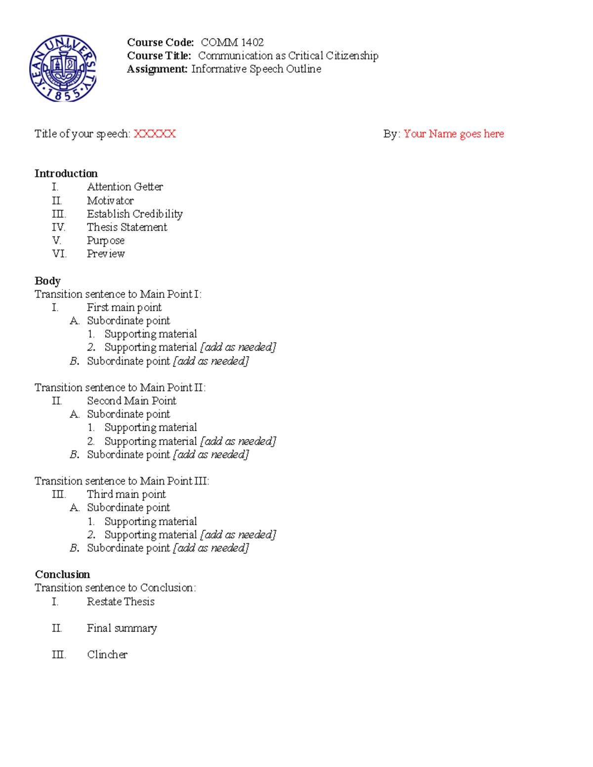 Template Informative Speech Outline - Course Code: COMM 1402 Course ...