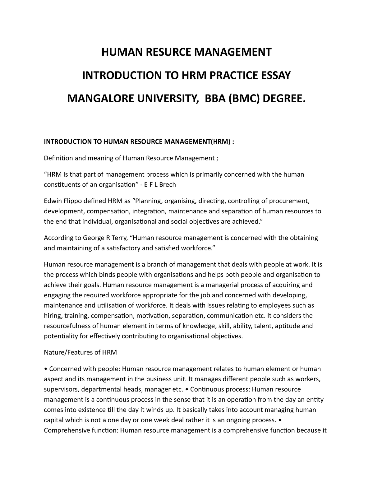 human resource management student essay