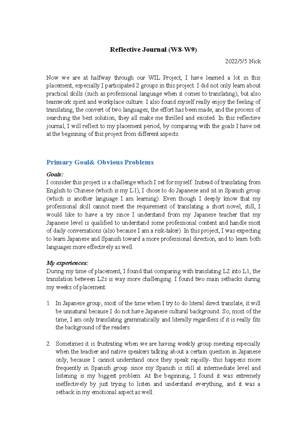 Reflective Journal - Essay sample - Reflective Journal (W8-W9) 2022/5/5 ...