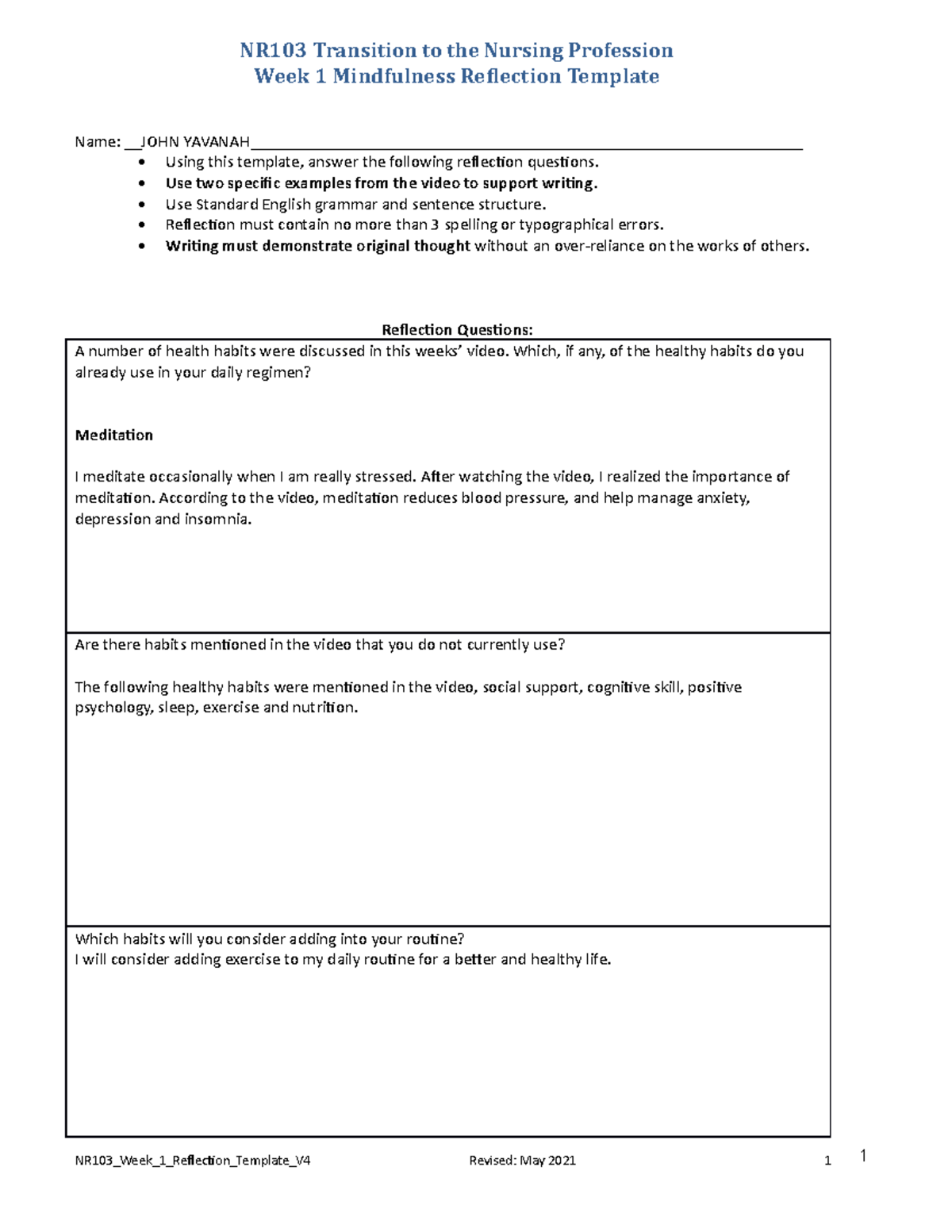 NR103 Week1 Reflection Template May2021 - NR103 Transition to the ...