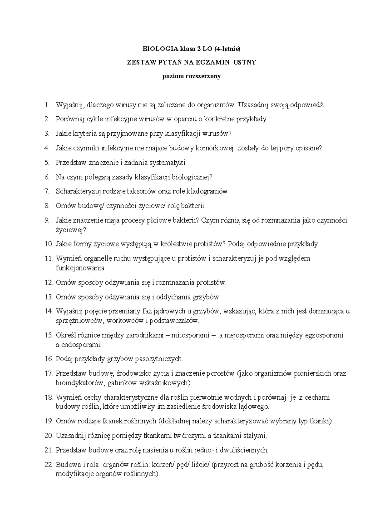 Biologia kl 2 LO PR pytania - BIOLOGIA klasa 2 LO (4-letnie) ZESTAW