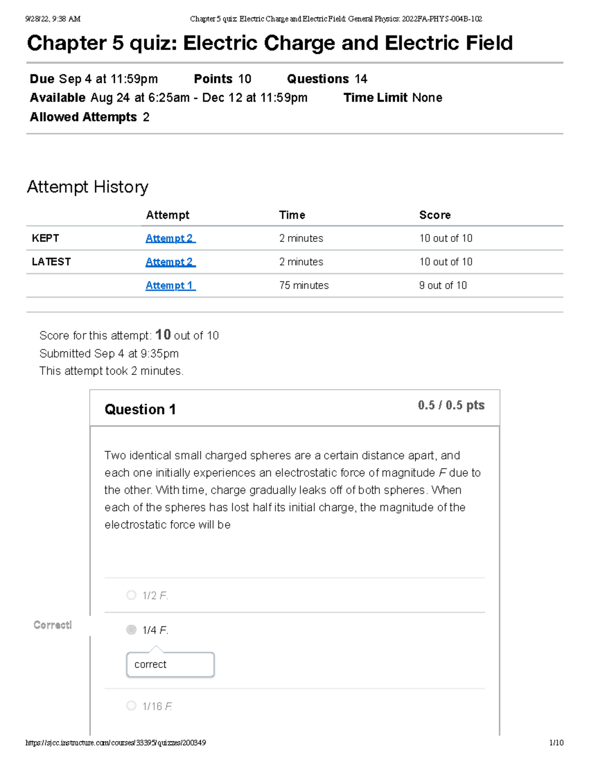 Chapter 5 quiz Electric Charge and Electric Field General Physics