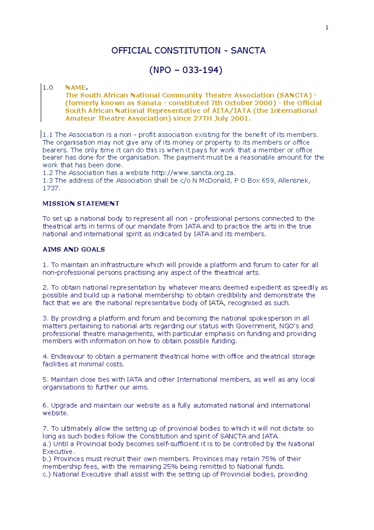 Constitution 231110 summary 1 OFFICIAL CONSTITUTION SANCTA (NPO