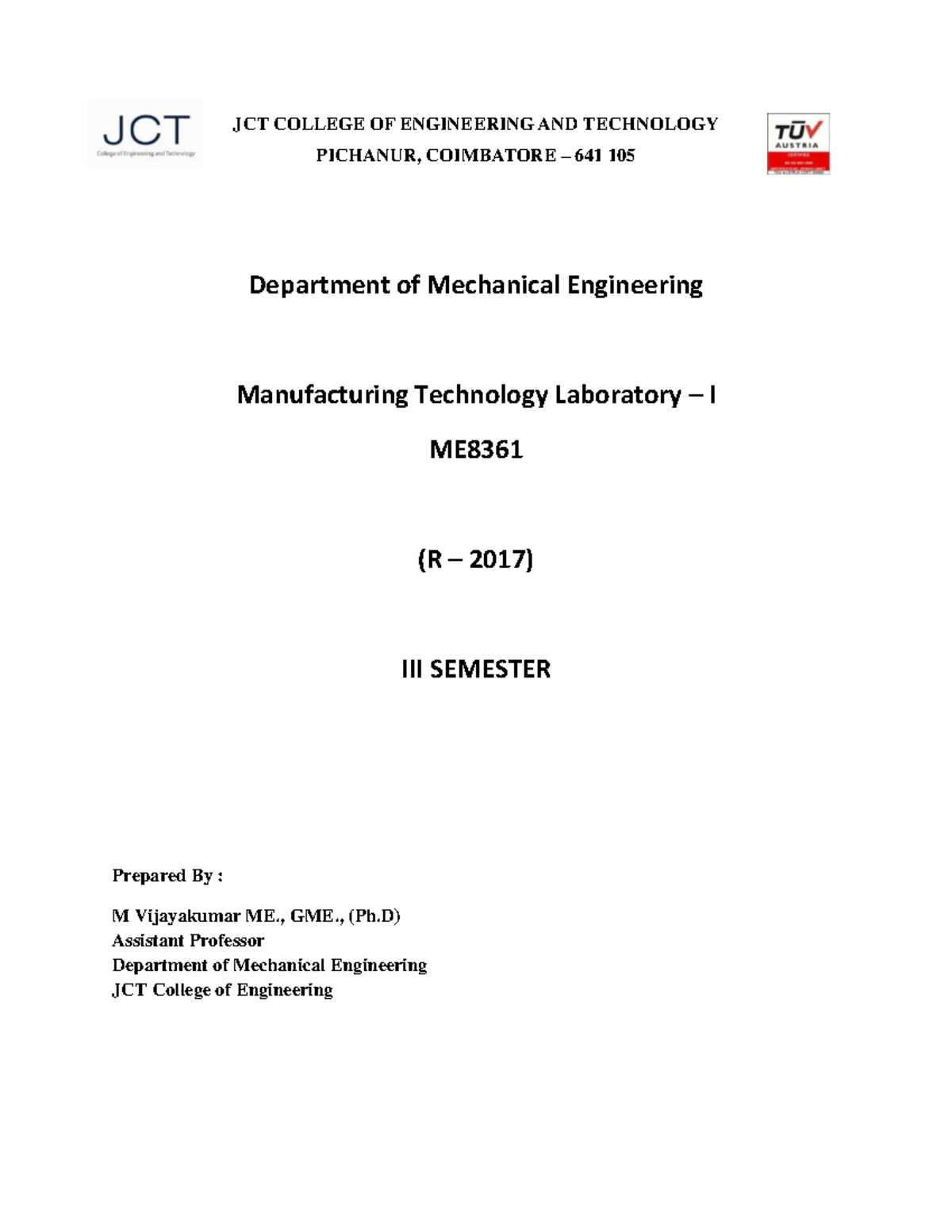 ME 8361 Manufacturing Technology I Lab Manual JCT COLLEGE OF