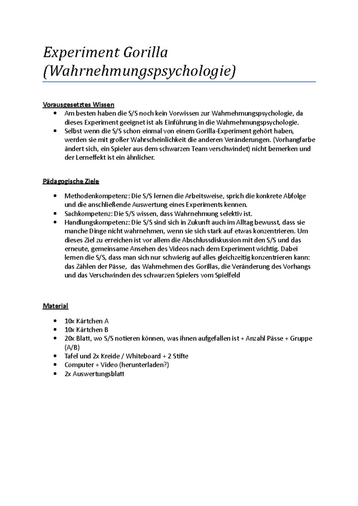 Unterrichtsentwurf psychologie Wahrnehmungspsychologie Experiment