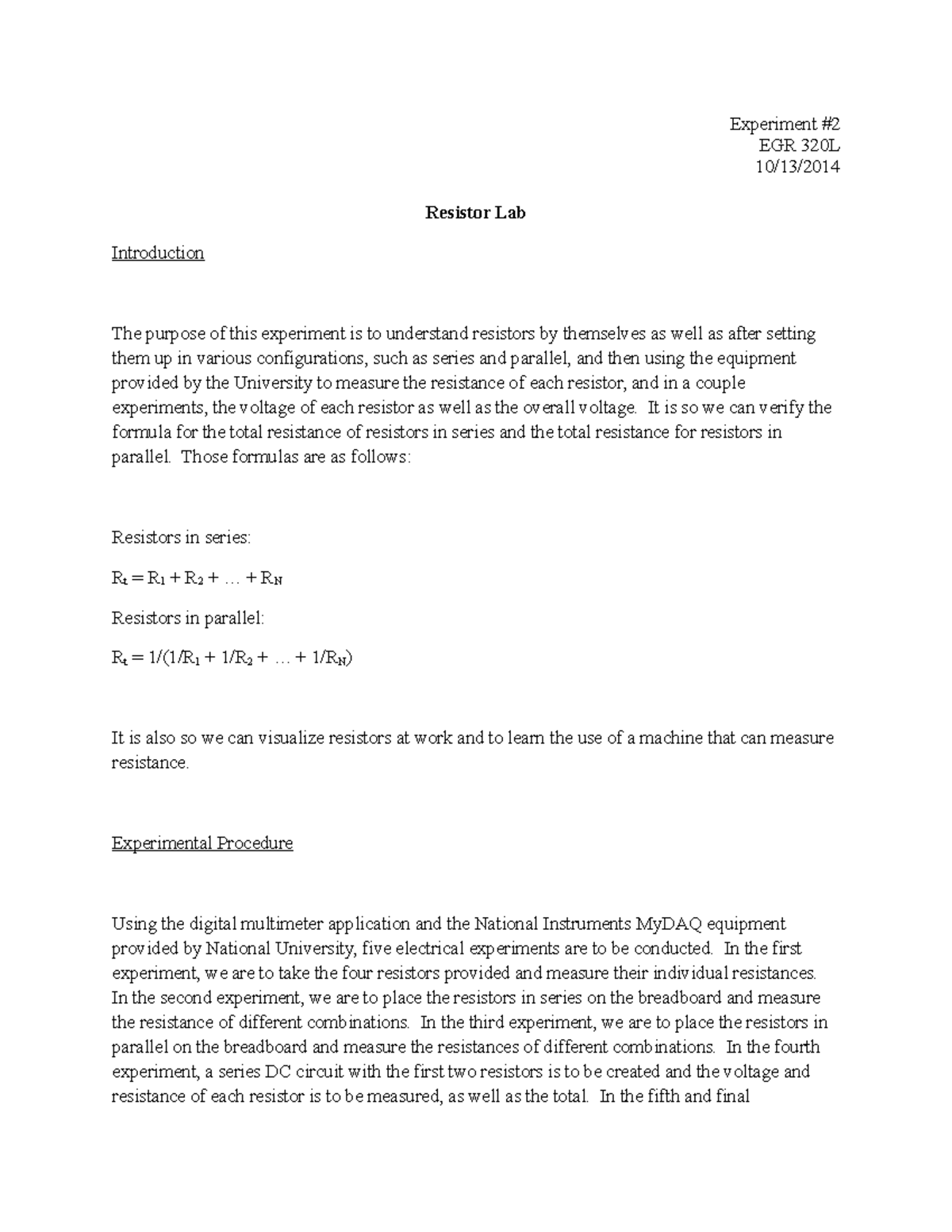 Experiment EGR 320L Resistor Lab Studocu