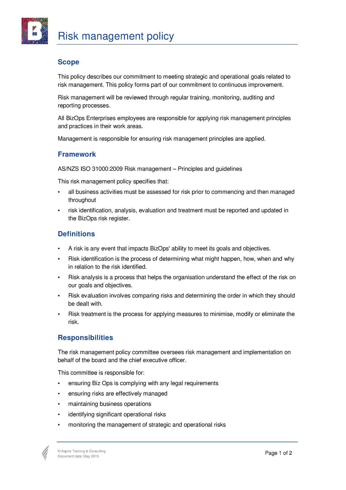 8. Bsbldr 522 Biz Ops Risk Management Policy - Risk Management Policy ...