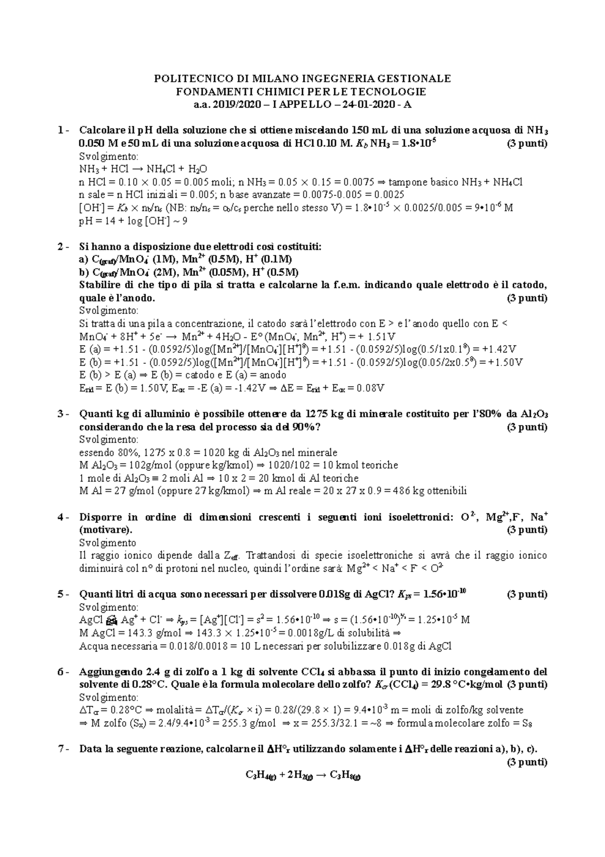 I Appello Soluzioni Completo - POLITECNICO DI MILANO INGEGNERIA ...