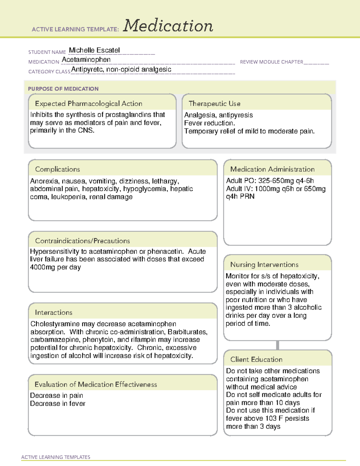 Acetaminophen - Medication Blank Card - ACTIVE LEARNING TEMPLATES ...