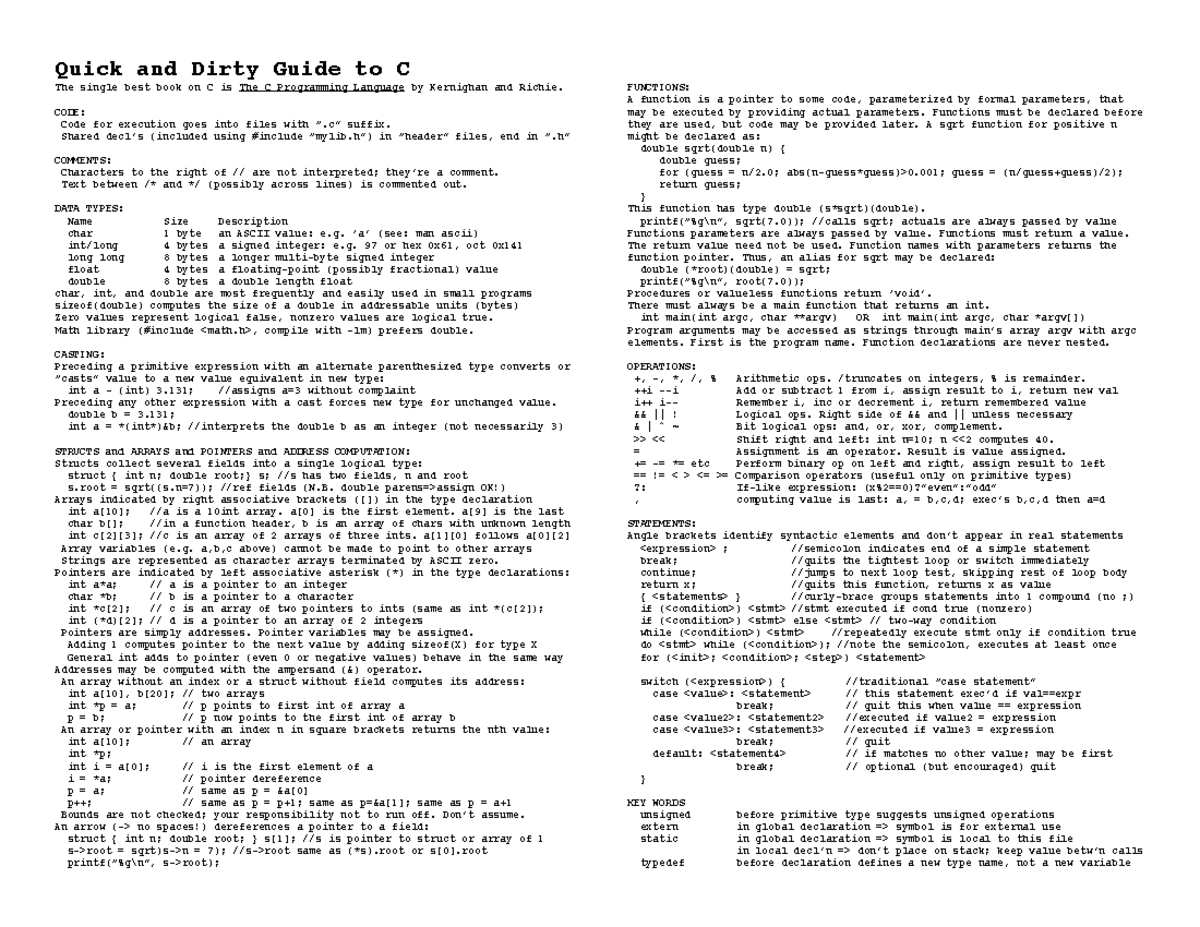 Cheatsheet-c - Reference Cheat For The C Programming Language - Quick 