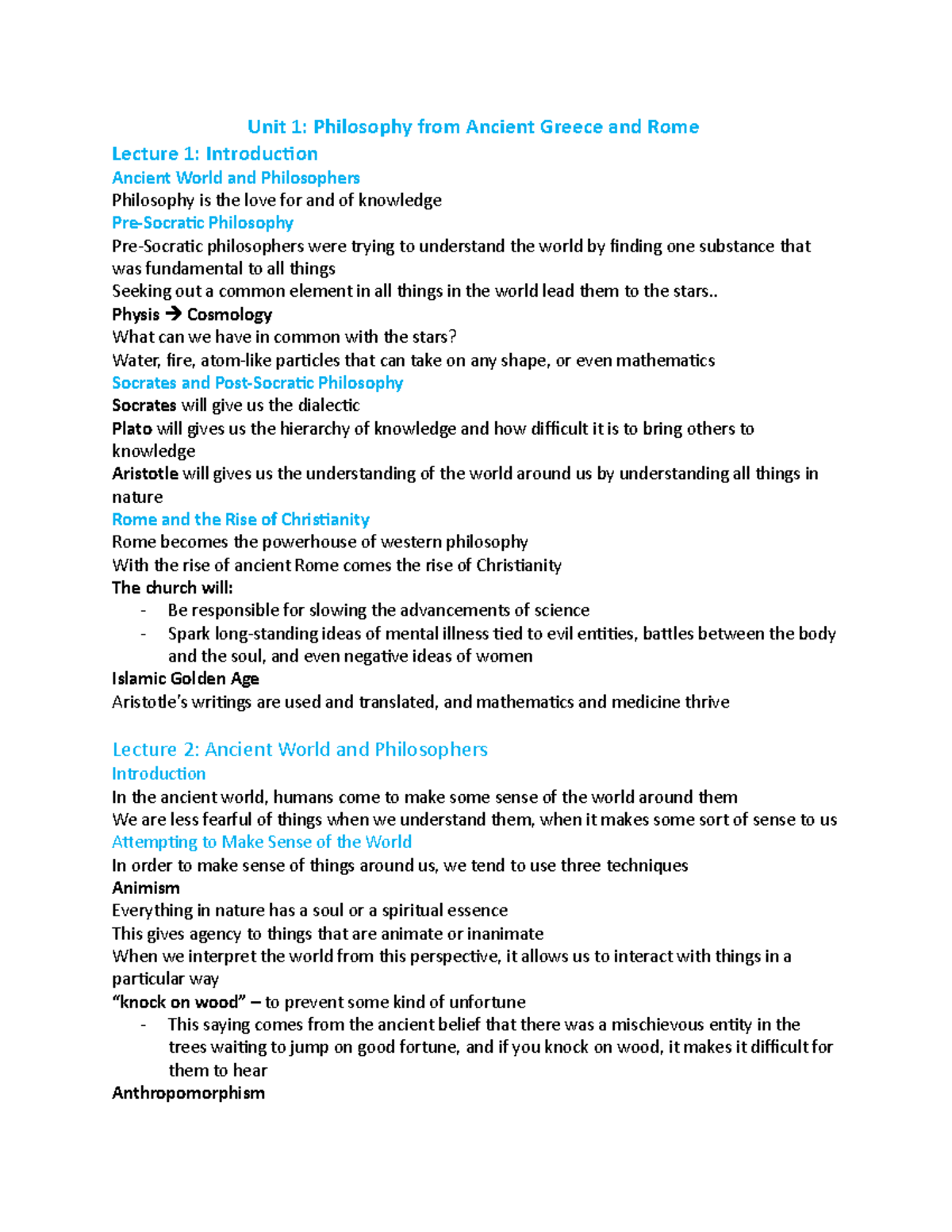 Unit 1 Lectures: Philosophy from Ancient Greece and Rome - Unit 1 ...