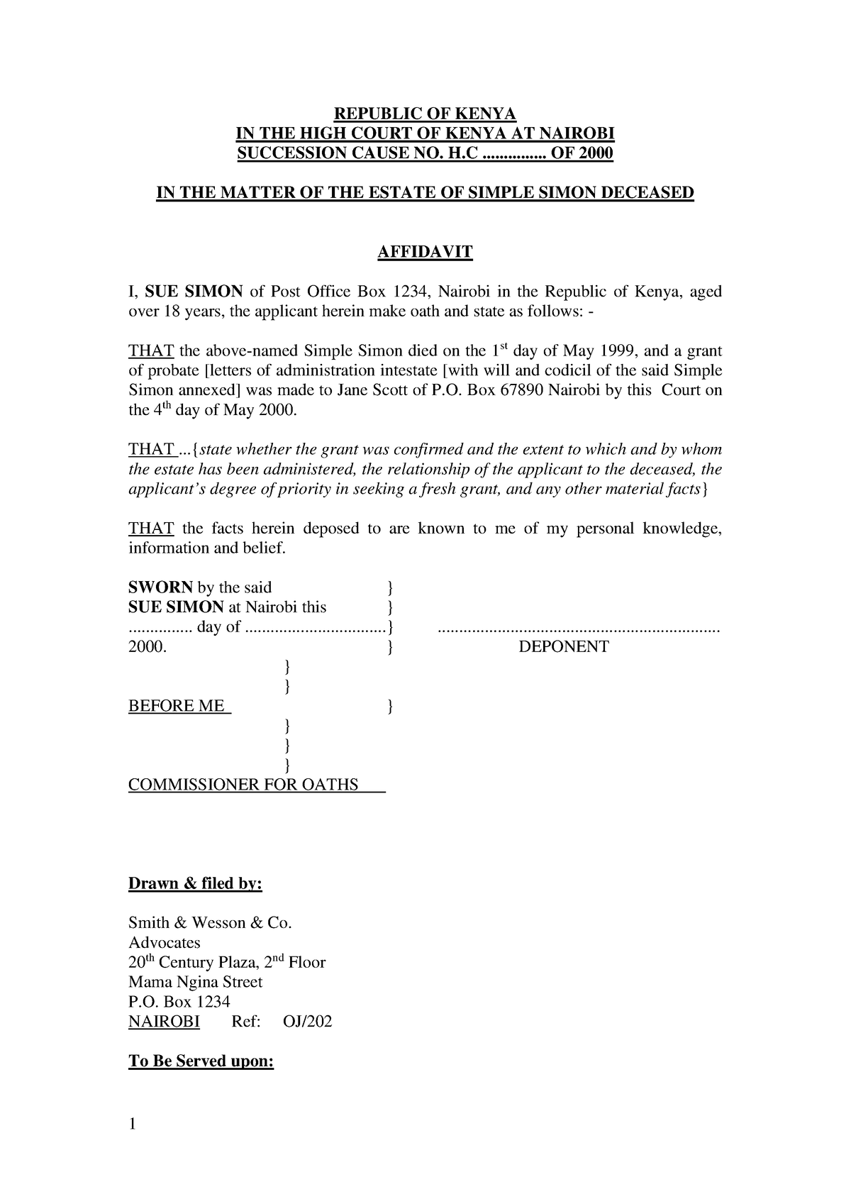 Affidavit Summons For Revocation Annulment Of Grant - 1 REPUBLIC OF ...