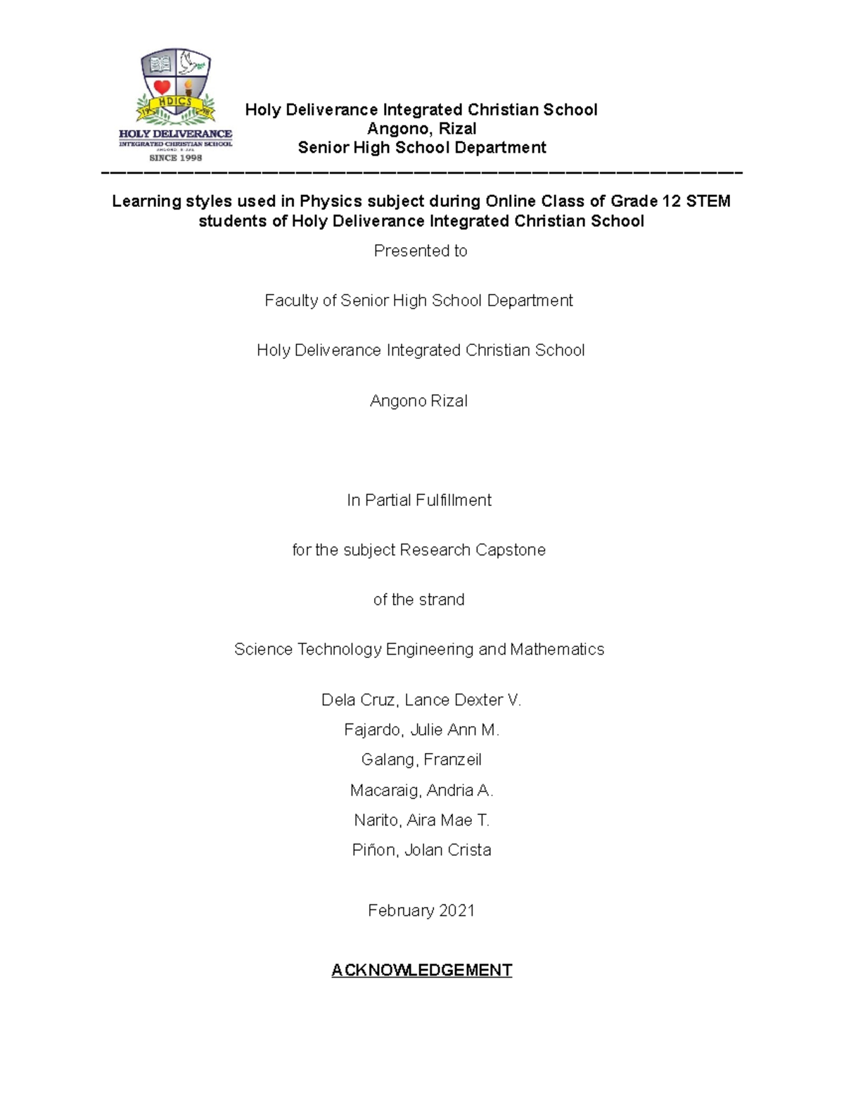 Research Capstone-Group-1 - Holy Deliverance Integrated Christian ...