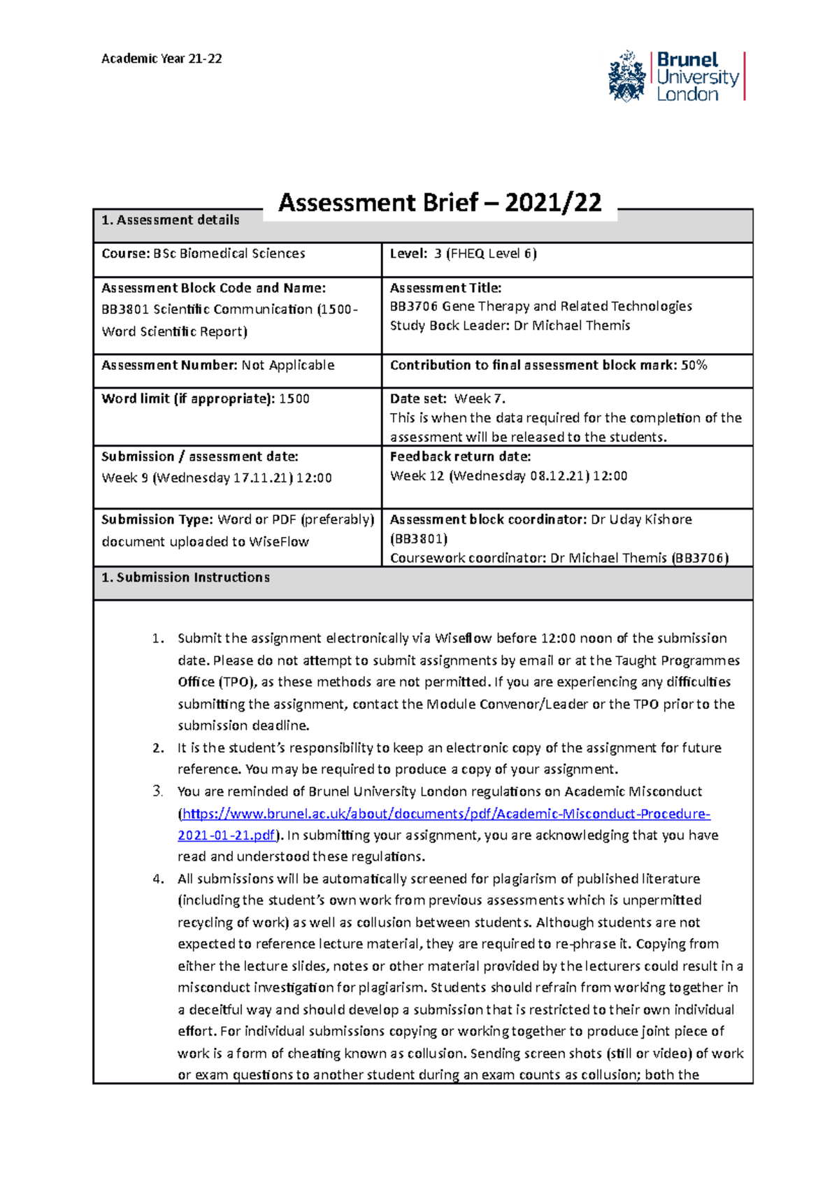 BB3801 (BB3706) Assessment Brief Themis - Academic Year 21- Assessment ...