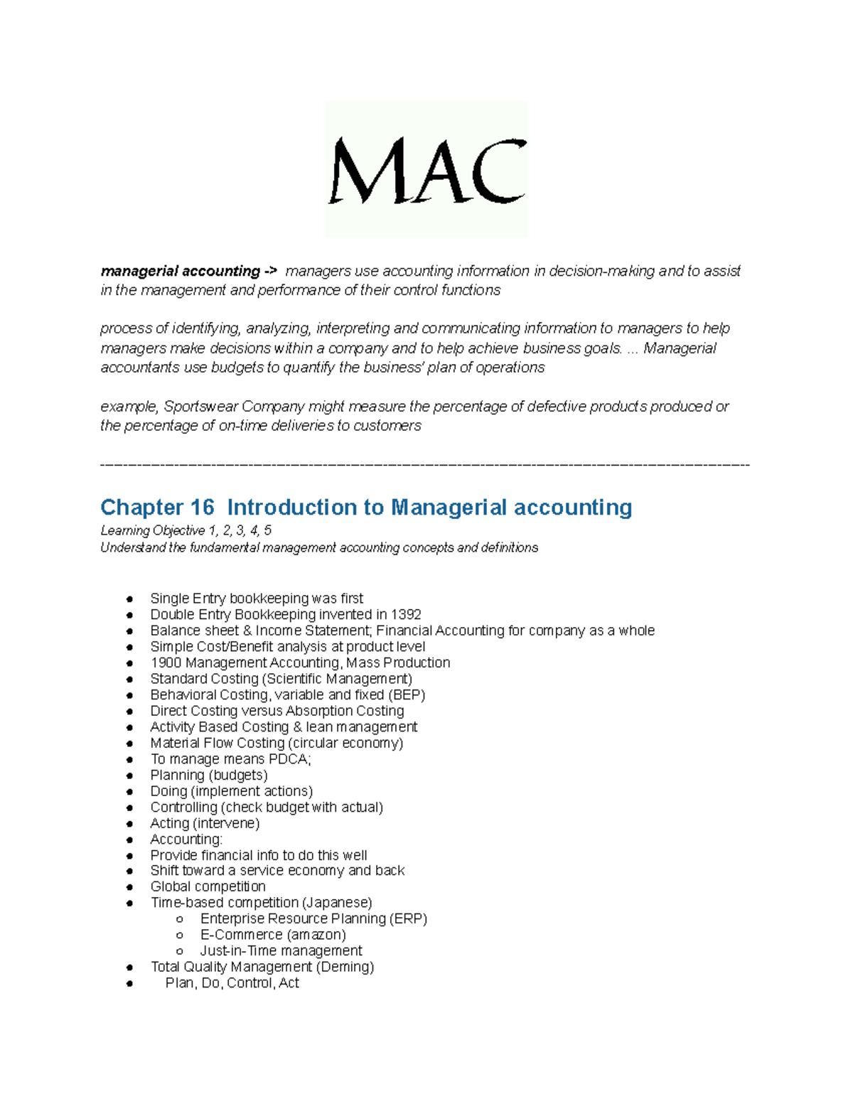 MAC - Summary 16,17,19,20,25,22,24 - MAC Managerial Accounting ...