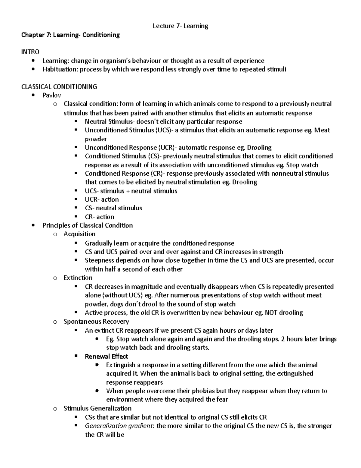 Lecture notes Chapter 6 - Chapter 7: Learning- Conditioning Lecture 7 ...