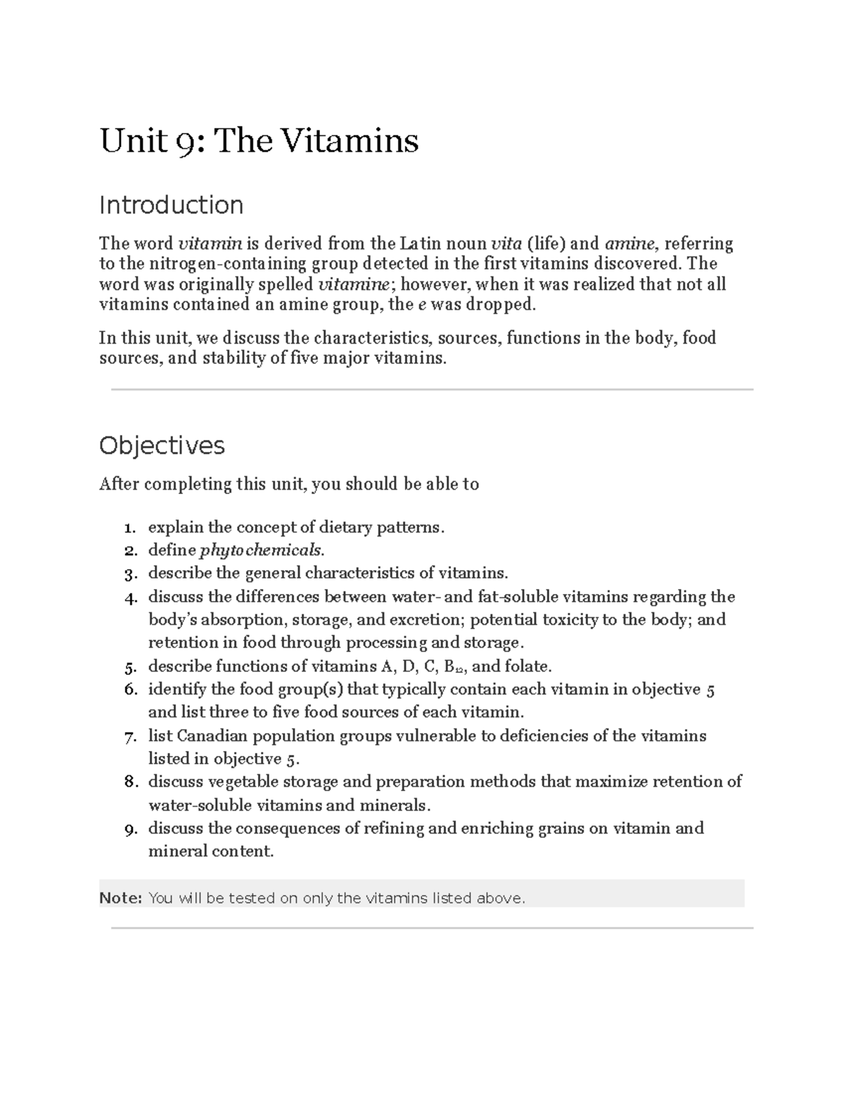 Unit 9 Summary Unit 9 The Vitamins Introduction The word vitamin