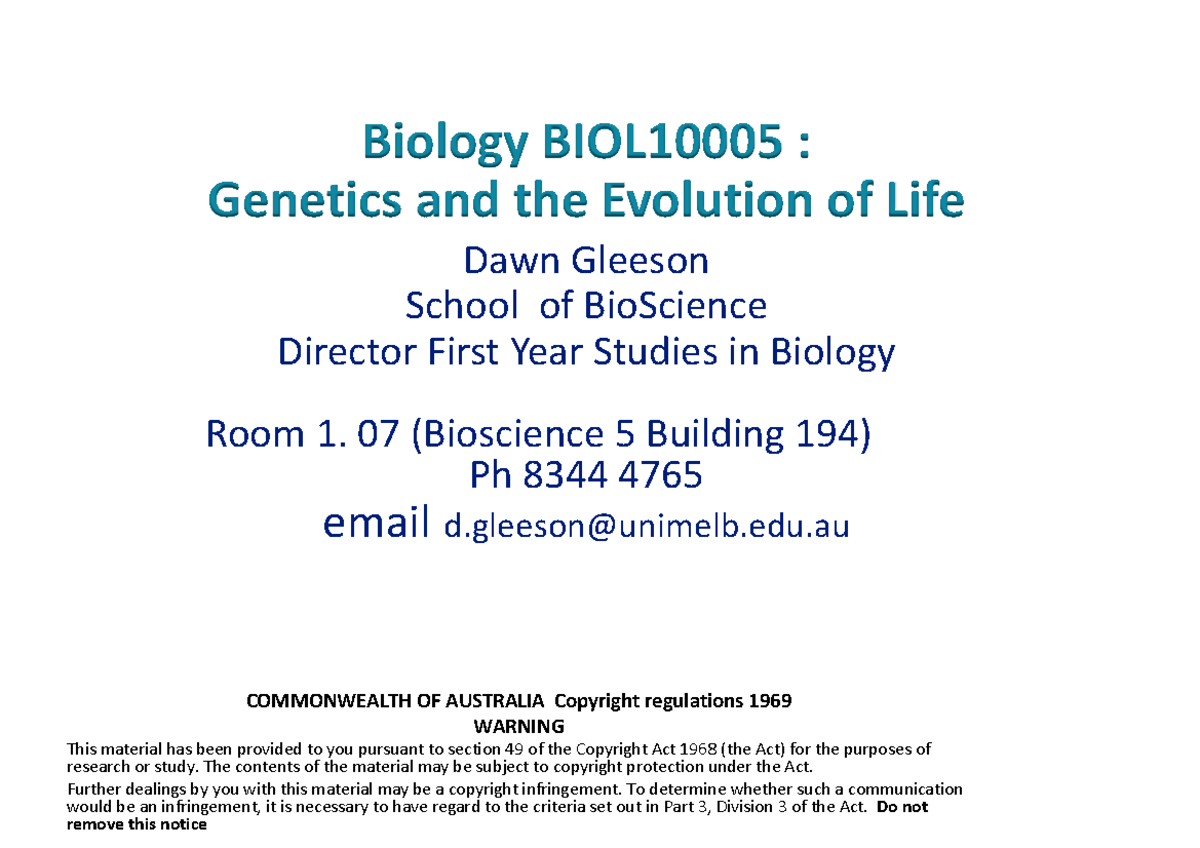 LECT 1 - Lecture Notes 1 - Biology : Genetics And The Evolution Of Life ...