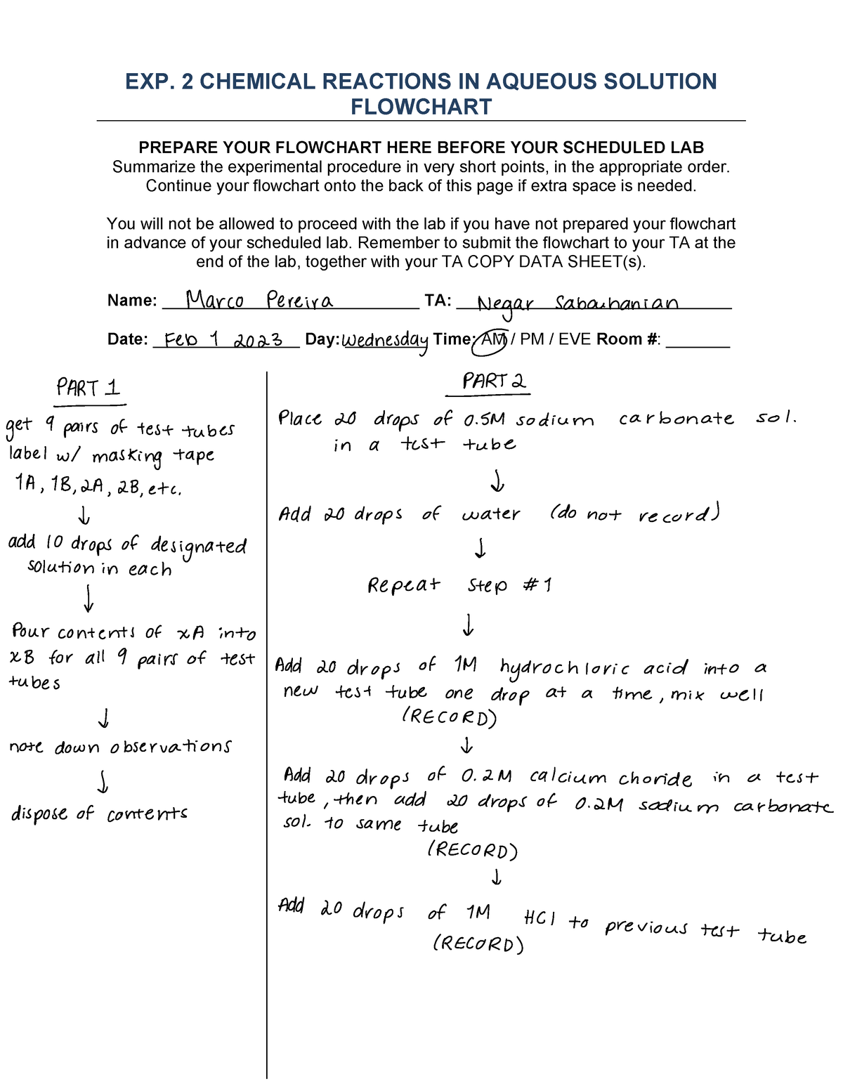 Wet lab 2 wet lab flow chart EXP. 2 CHEMICAL REACTIONS IN AQUEOUS