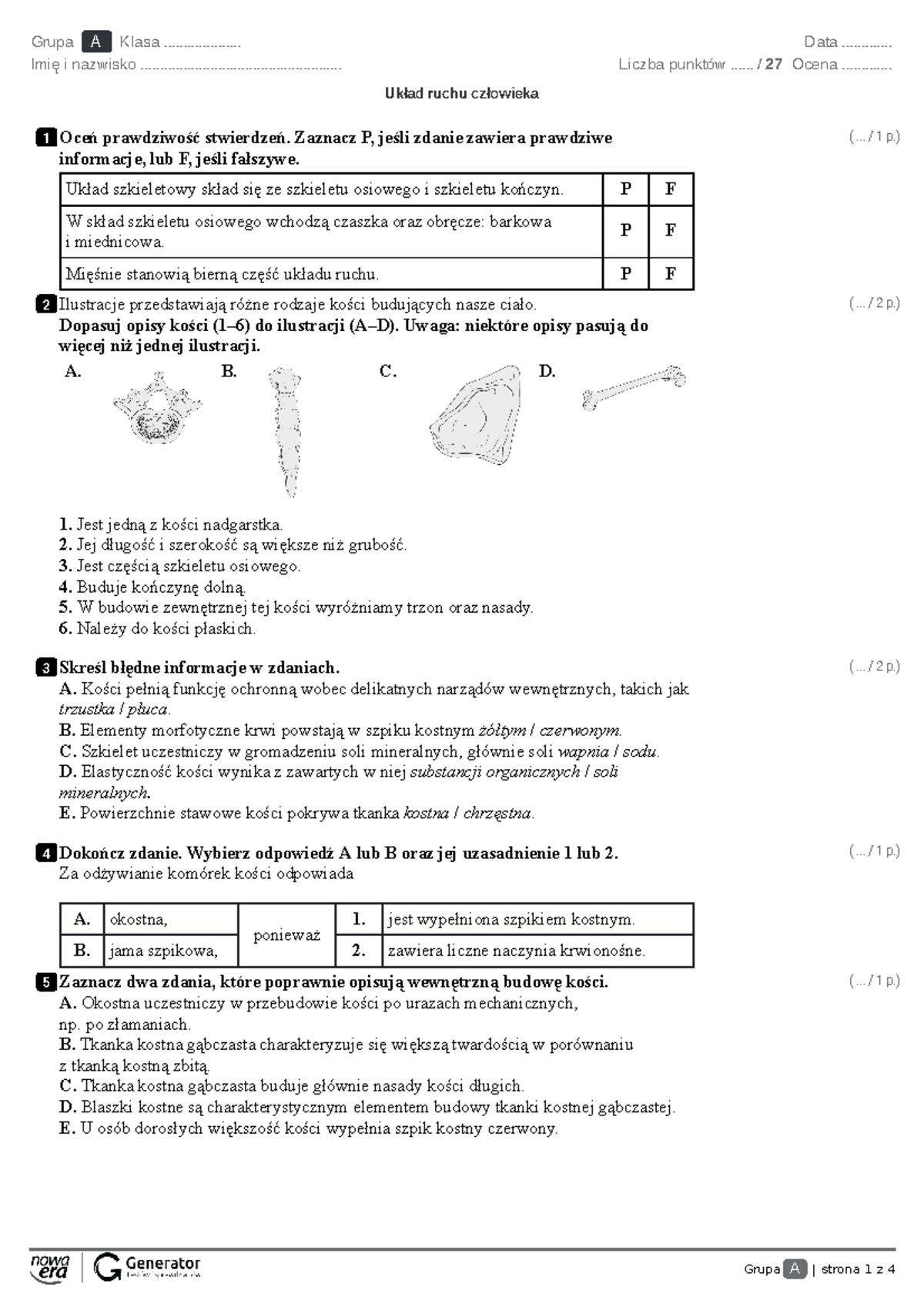 Test Układ ruchu człowieka 2b1 31 maja Grupa A strona 1 z 4