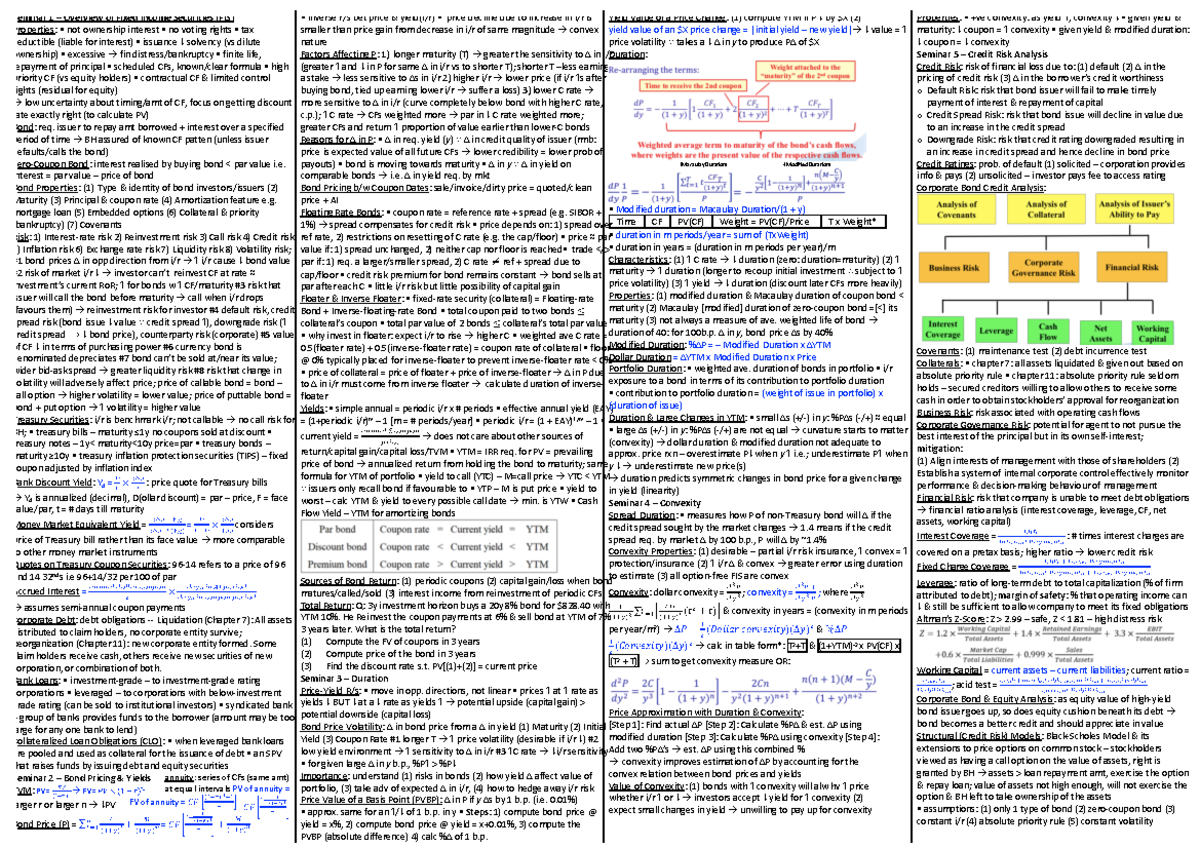 Cheatsheet Finals - assignment - Seminar 1 – Overview of Fixed Income ...