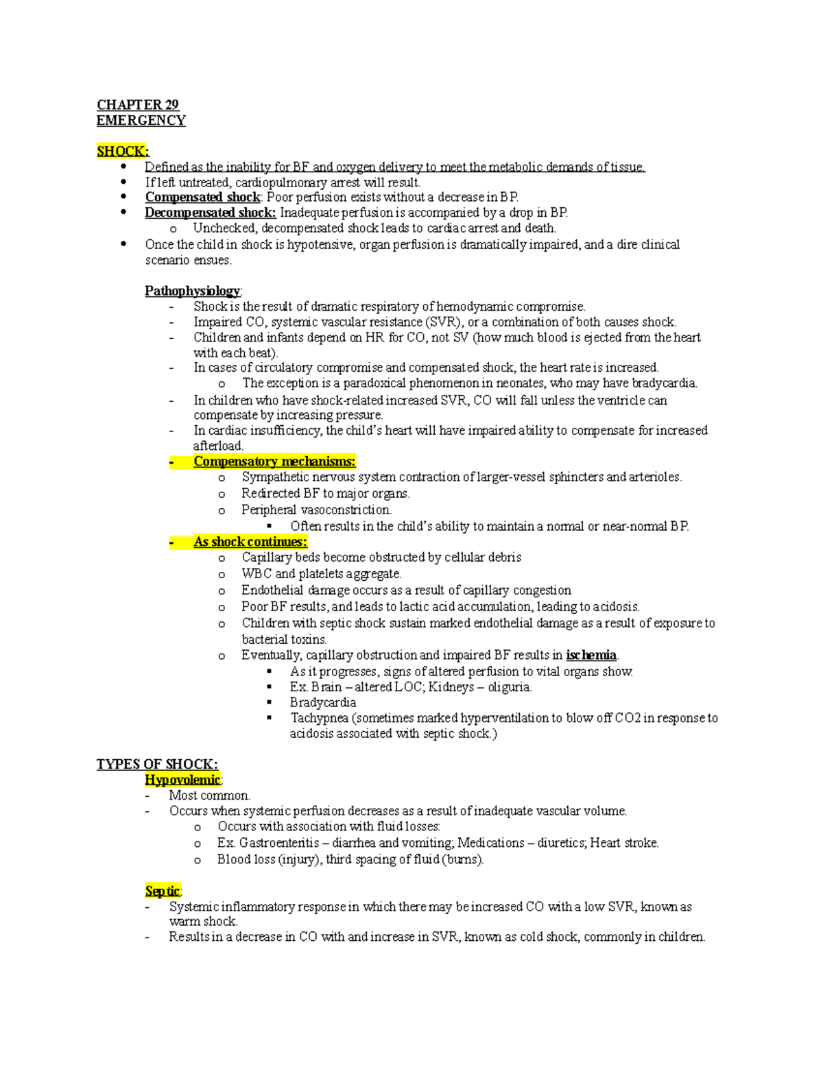 Ch. 29 Notes - CHAPTER 29 EMERGENCY SHOCK : Defined as the inability ...