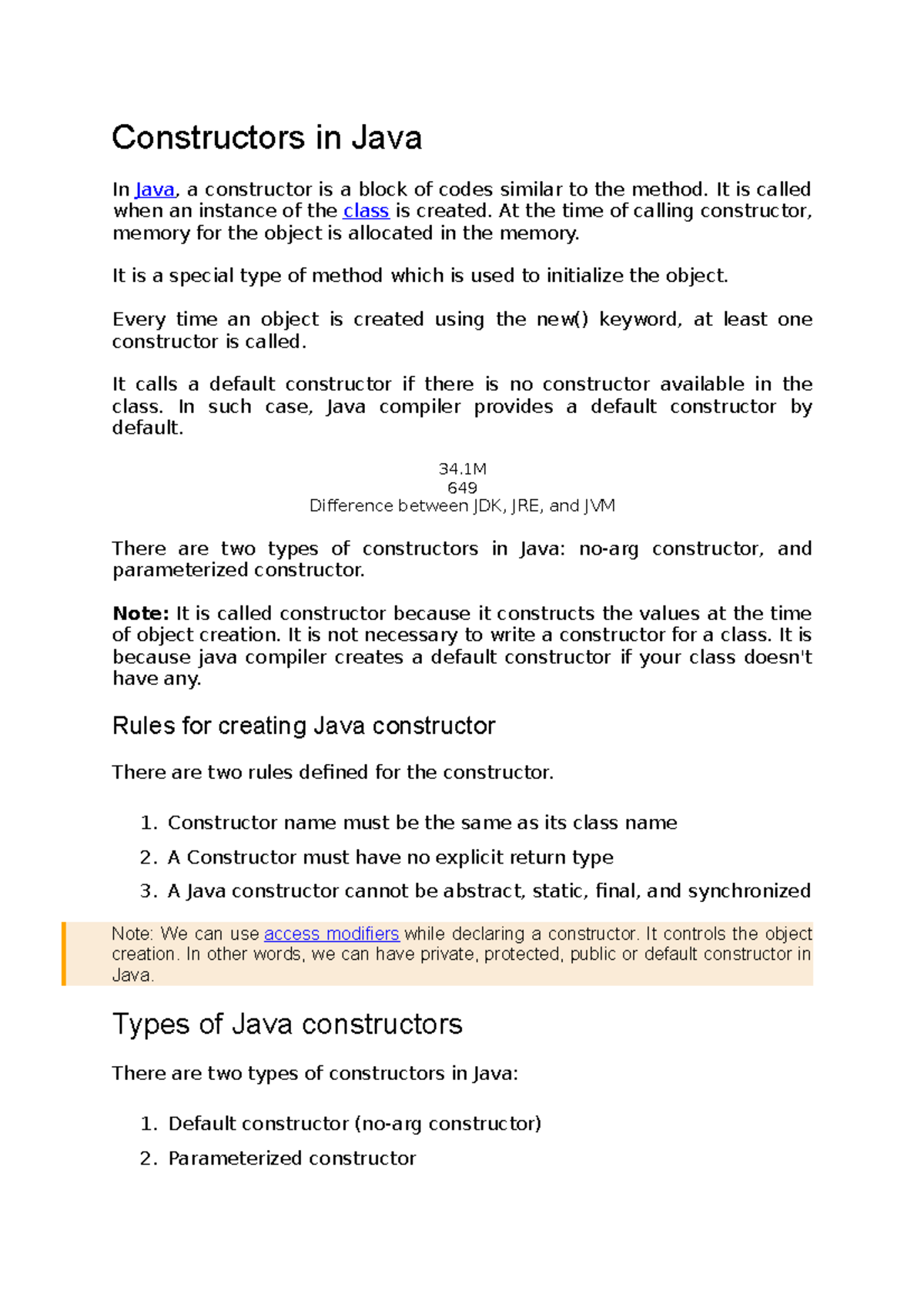 Constructors In Java It Is Called When An Instance Of The Class Is 