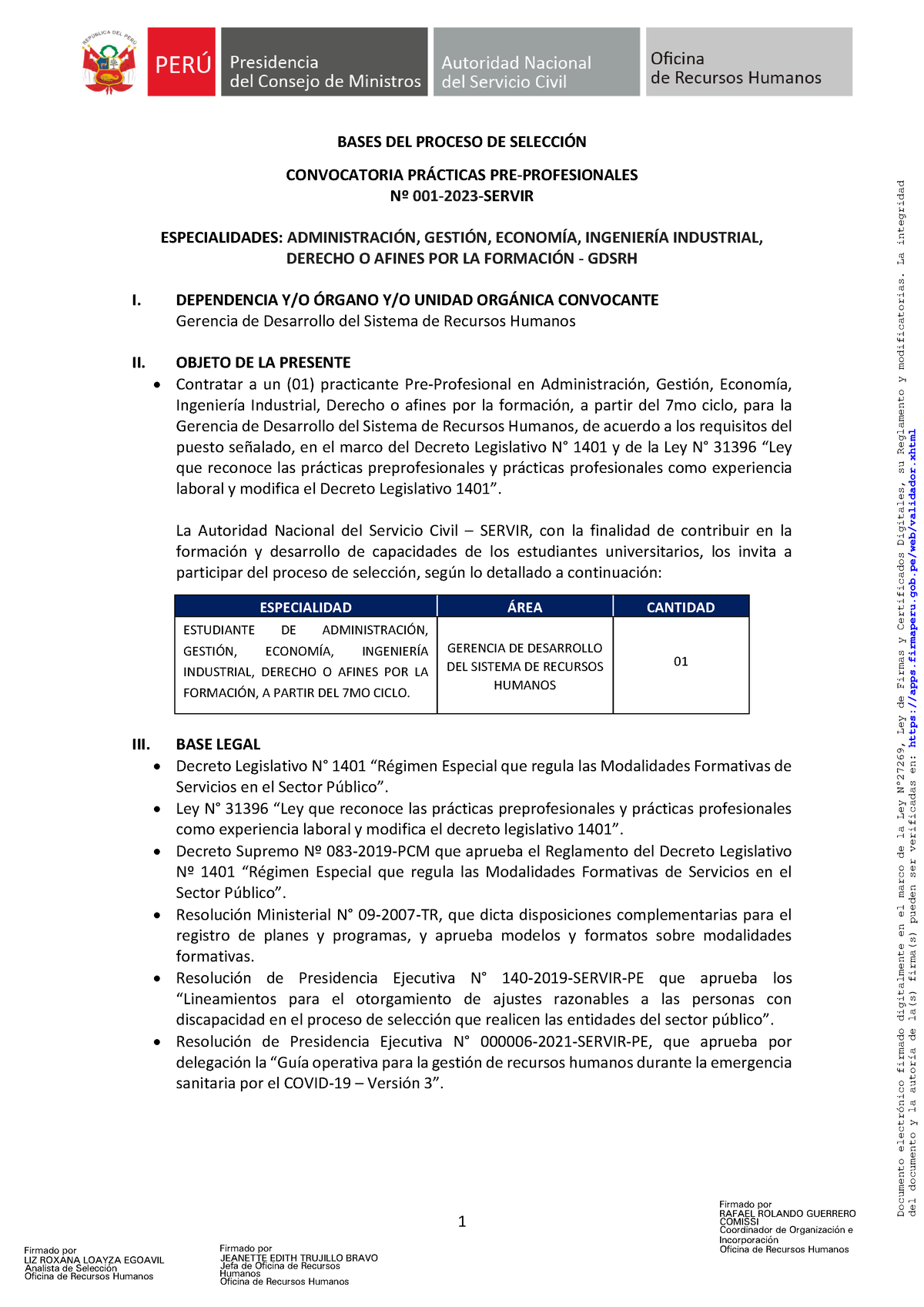 Practicas Pre 2023 001 - 1 BASES DEL PROCESO DE SELECCIÓN CONVOCATORIA ...