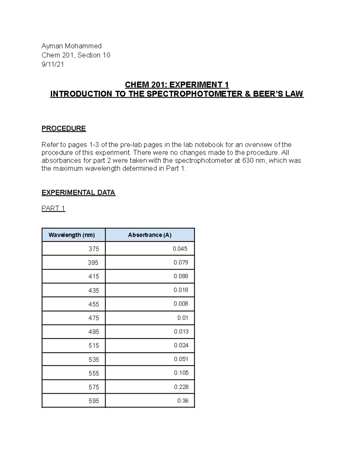 experiment 1 introduction to the spectrophotometer and beer's law