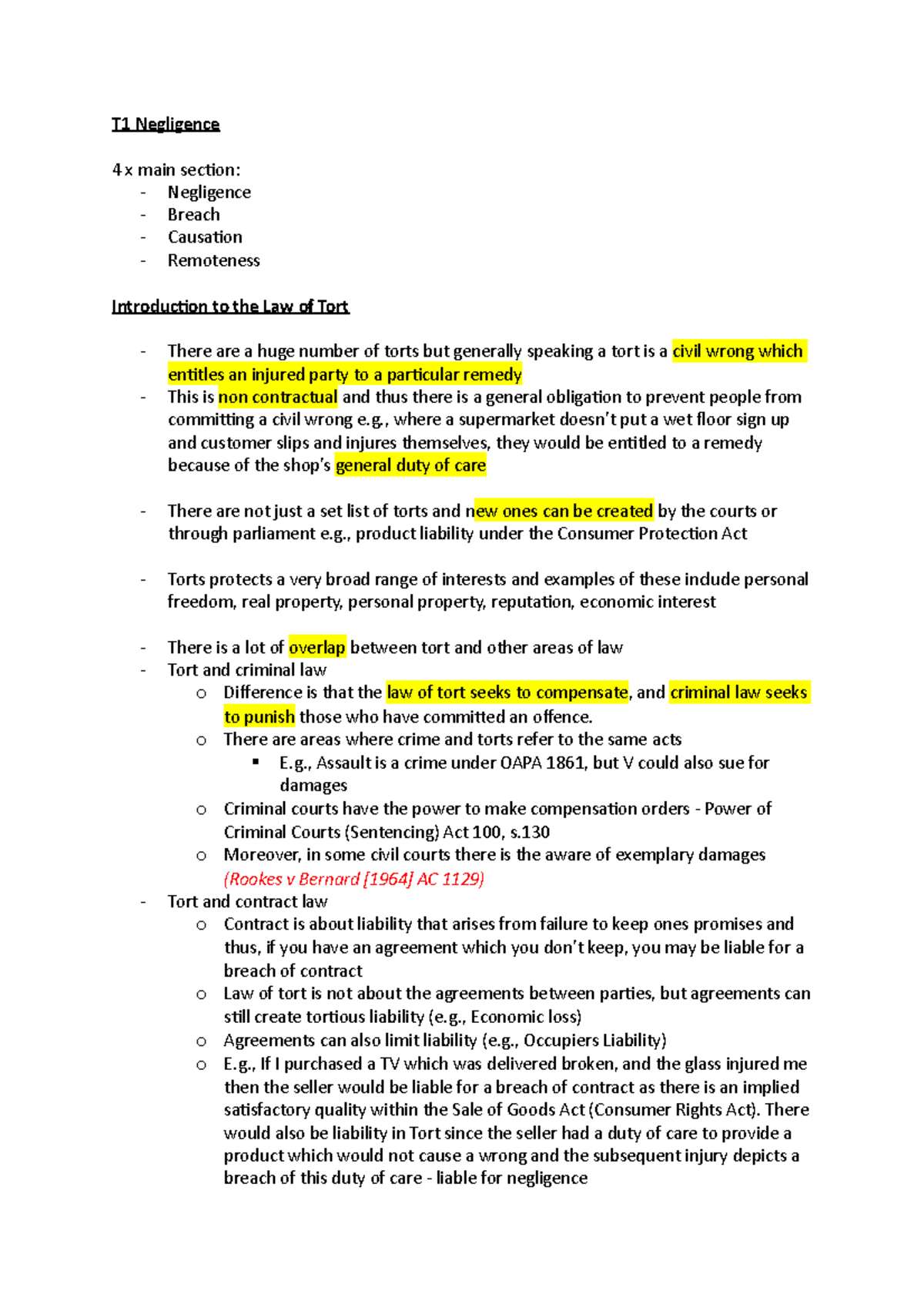 T1 Negligence Notes - T1 Negligence 4 X Main Section: - Negligence ...