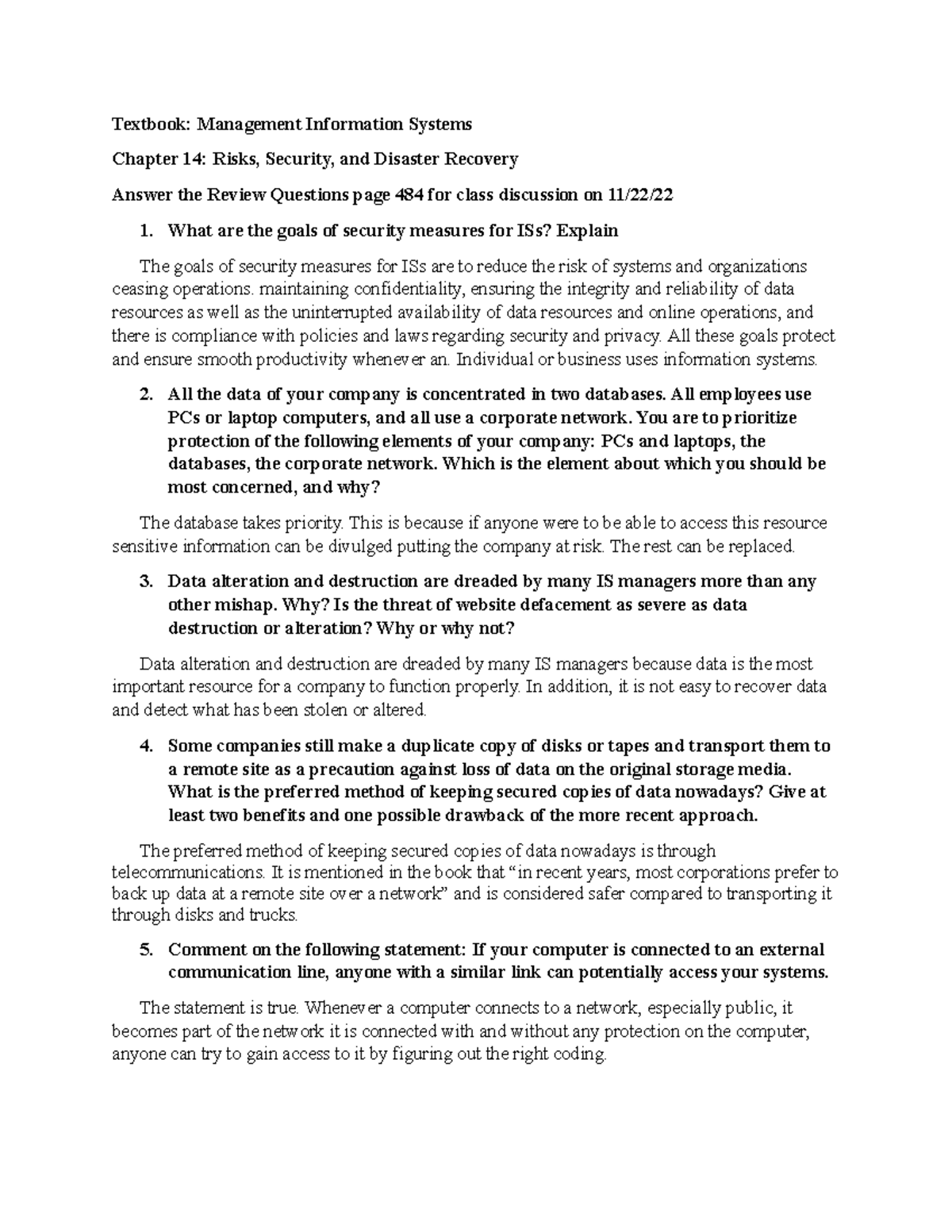 Chapter 14 Review Questions - Textbook: Management Information Systems ...