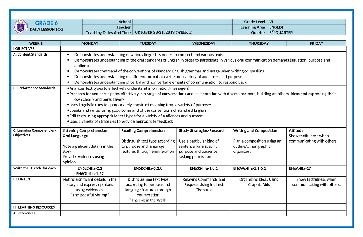 English Q3 W1 - GRADE 6 DAILY LESSON LOG School Grade Level VI Teacher ...