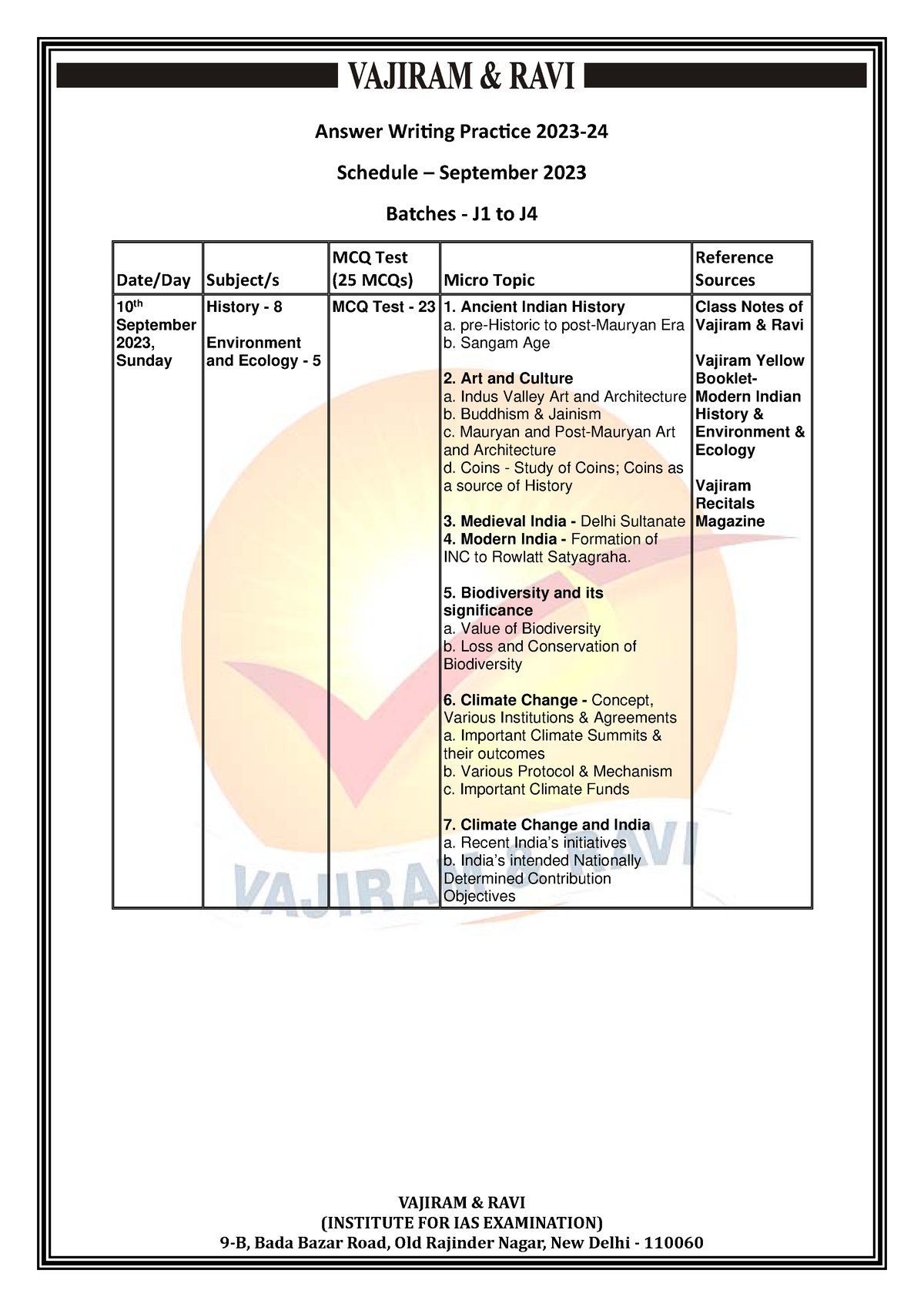 AWP 2023 Schedule Group I Batches J1 to J4 10 Sep VAJIRAM