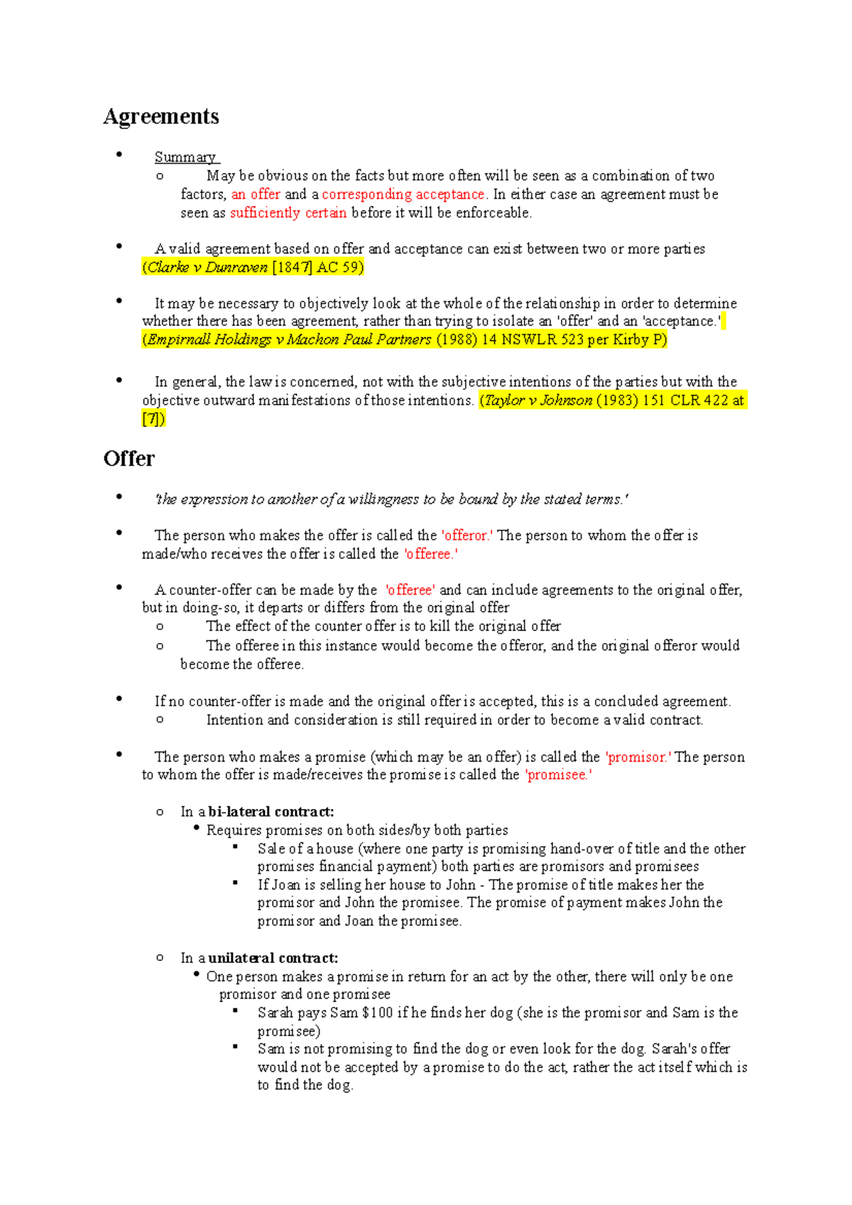 Law of Contract Week 1 Notes - Agreements Summary o - Studocu