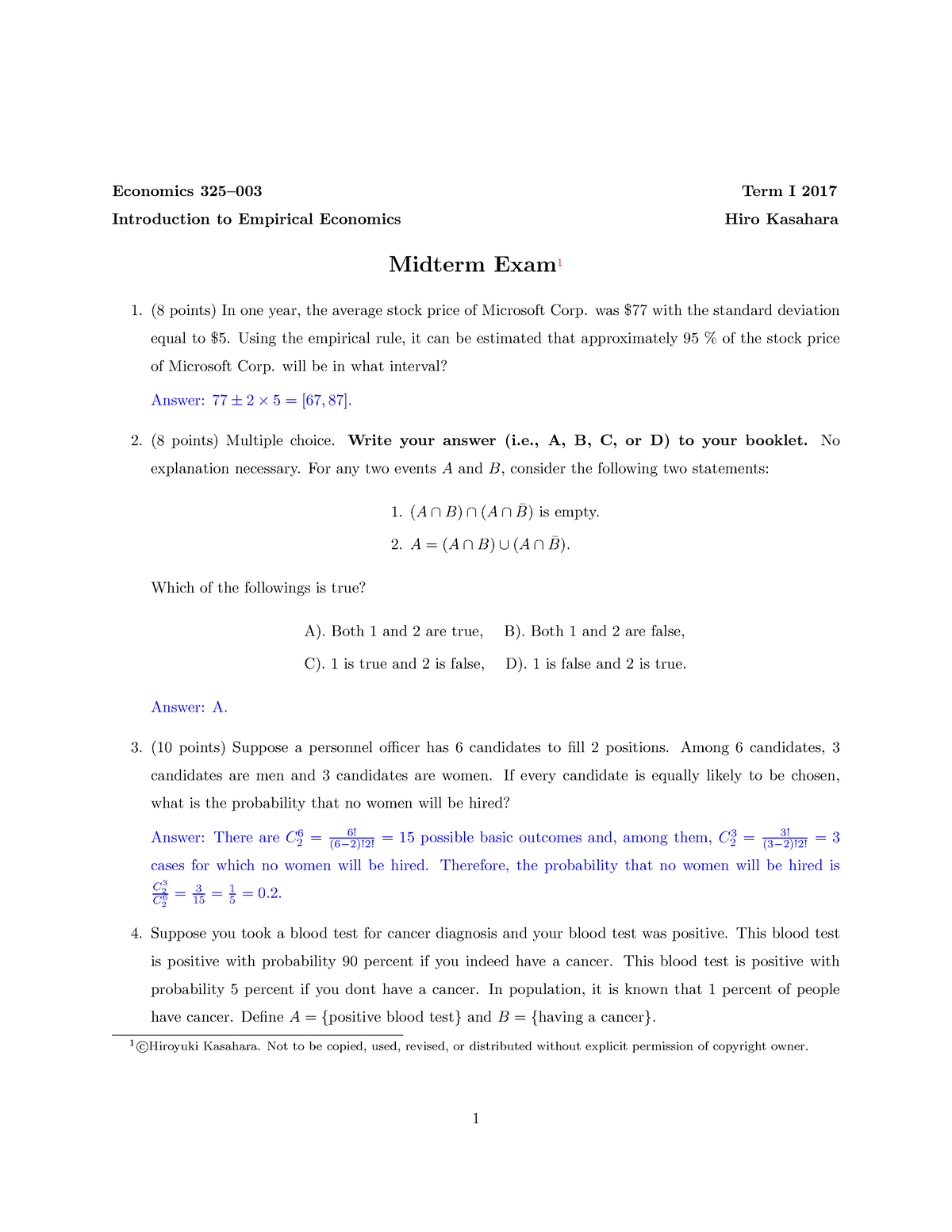 ECON 325 Midterm Exam With Answers - Economics 325–003 Term I 2017 ...