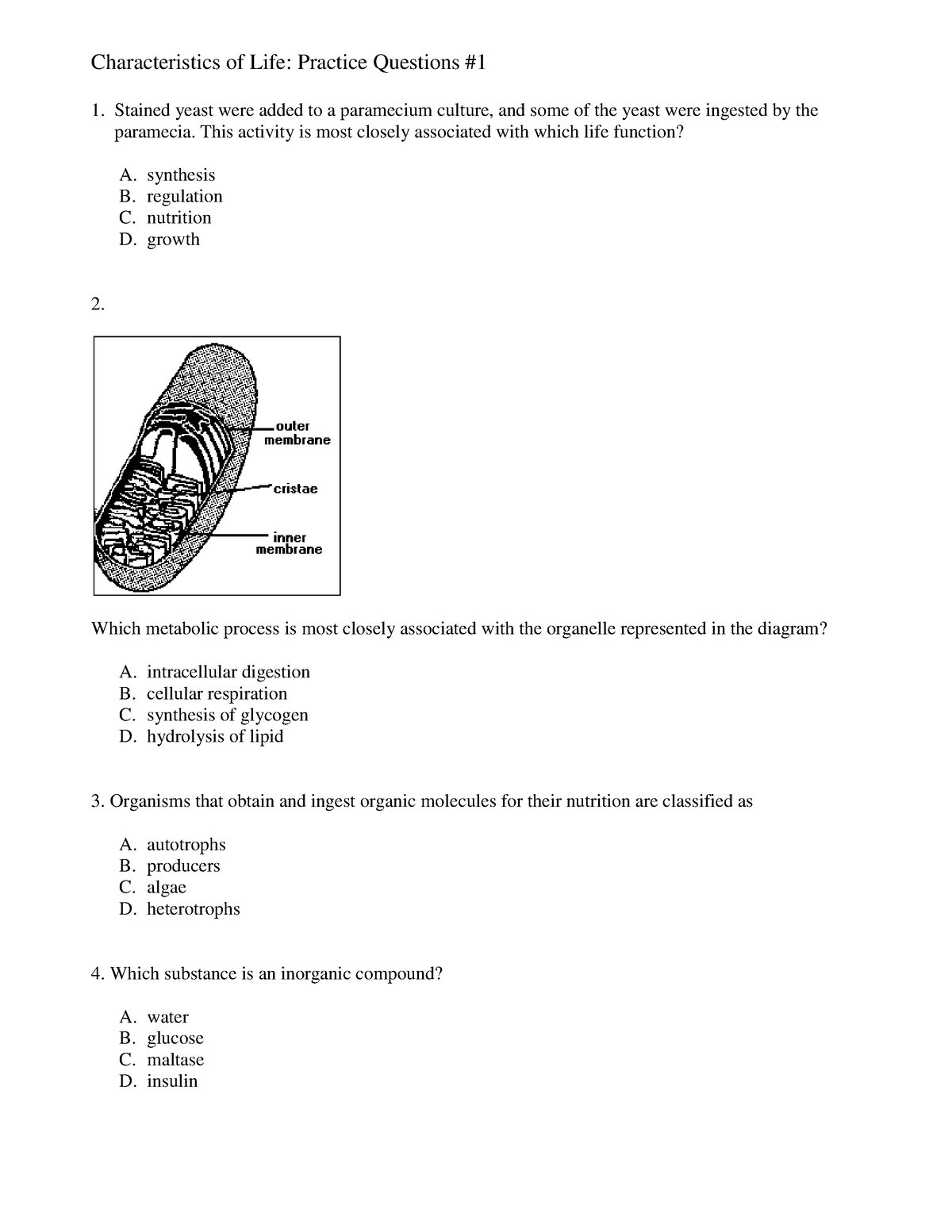 Practice Questions 1 Characteristics of Life - Characteristics of Life ...