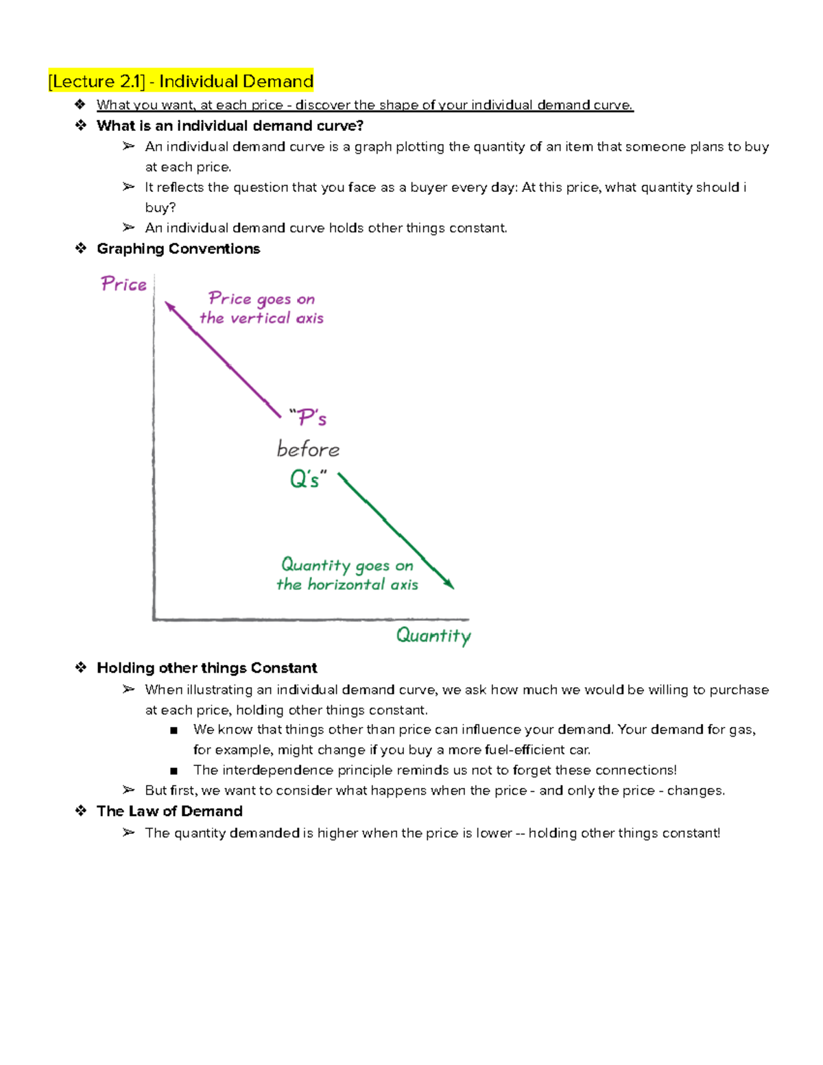 ECON 2100 Chapter 2 - [Lecture 2] - Individual Demand What you want, at ...
