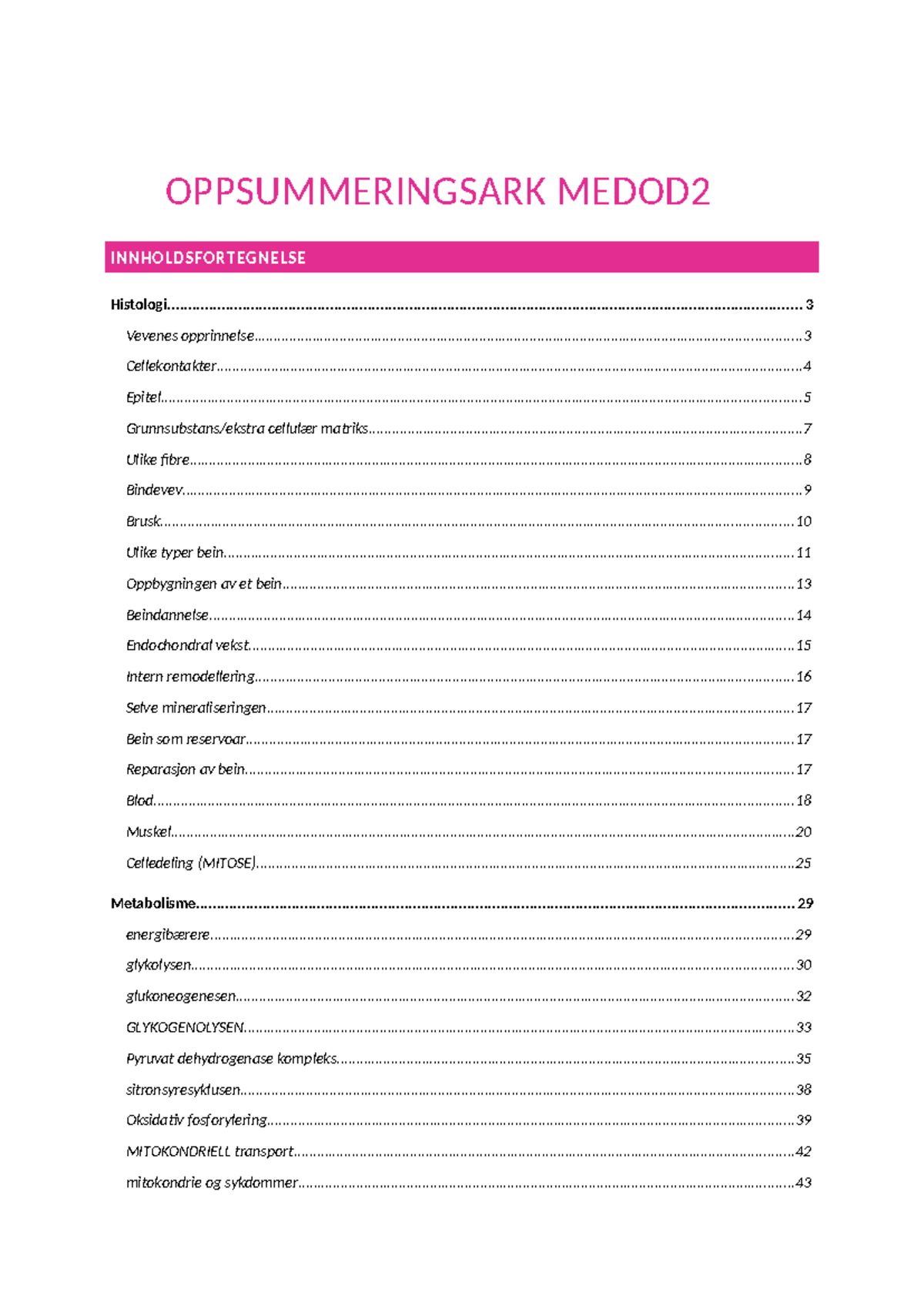 Oppsummeringsark MEDOD 2 - OPPSUMMERINGSARK MEDOD INNHOLDSFORTEGNELSE ...